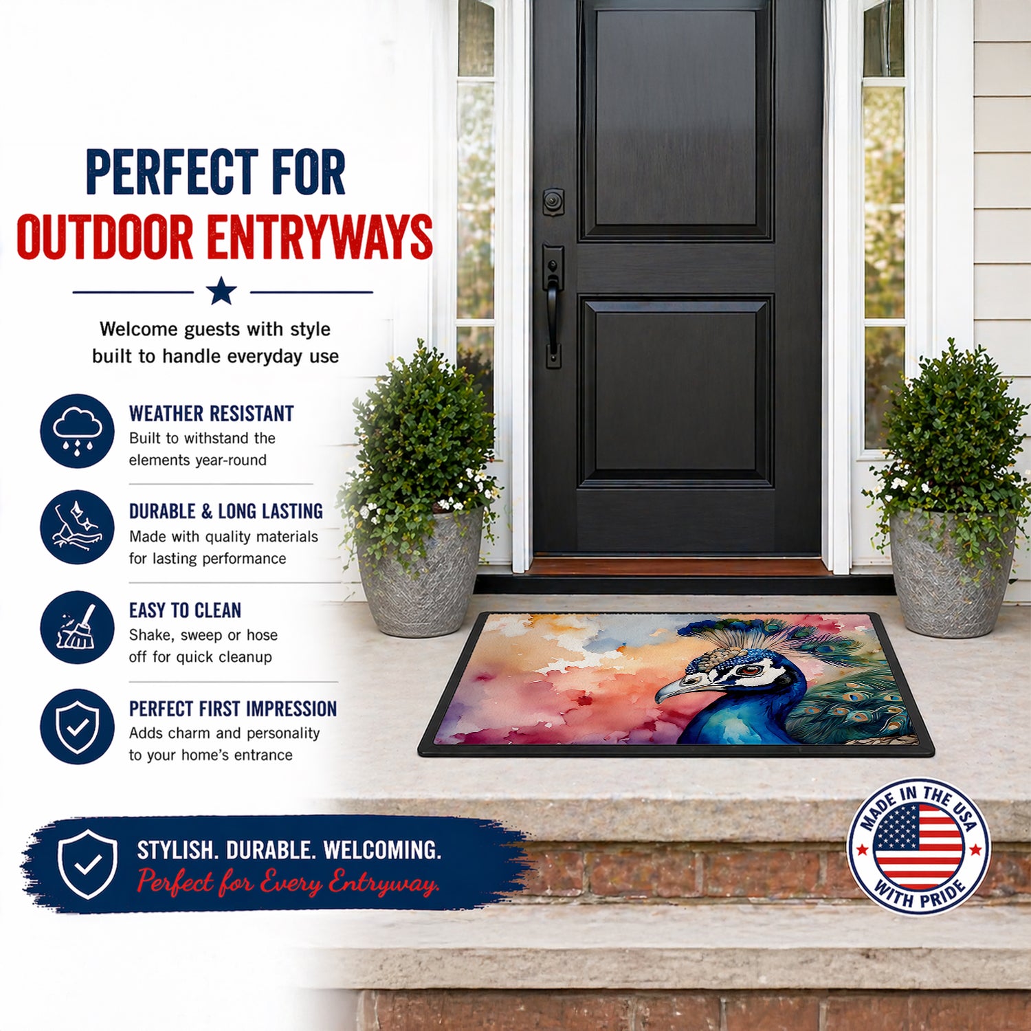 Caroline's Treasures Peacock Portrait Colorful Doormat Front Door Mat Indoor Outdoor Rugs for Entryway, Non Slip Washable Low Pile, 18H X 27W