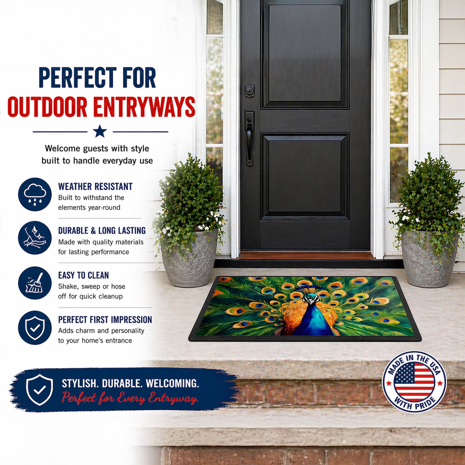 Caroline's Treasures Peacock Full Feather Display Vibrant Doormat Front Door Mat Indoor Outdoor Rugs for Entryway, Non Slip Washable Low Pile, 18H X 27W
