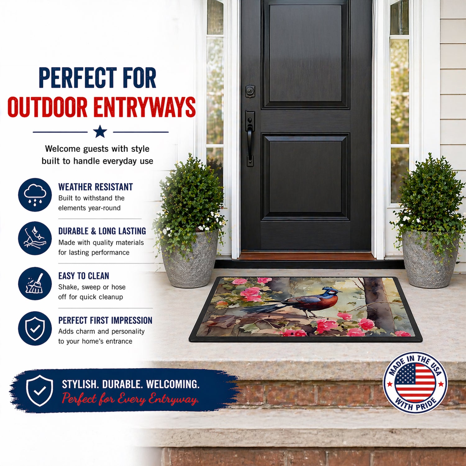 Caroline's Treasures Pheasant Bird in Garden Floral Doormat Front Door Mat Indoor Outdoor Rugs for Entryway, Non Slip Washable Low Pile, 18H X 27W