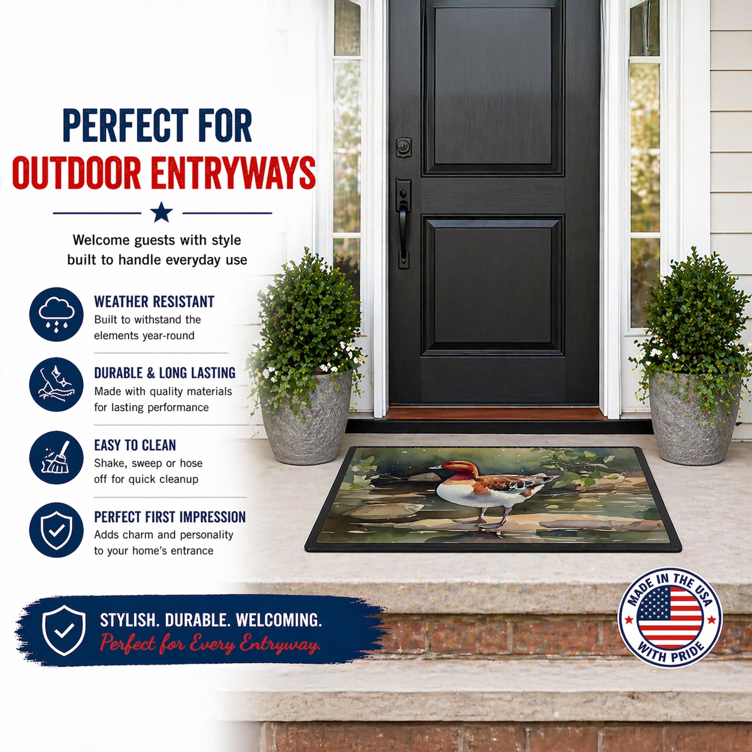 Redhead Duck Standing by Water Doormat Front Door Mat Indoor Outdoor Rugs for Entryway, Non Slip Washable Low Pile, 18H X 27W