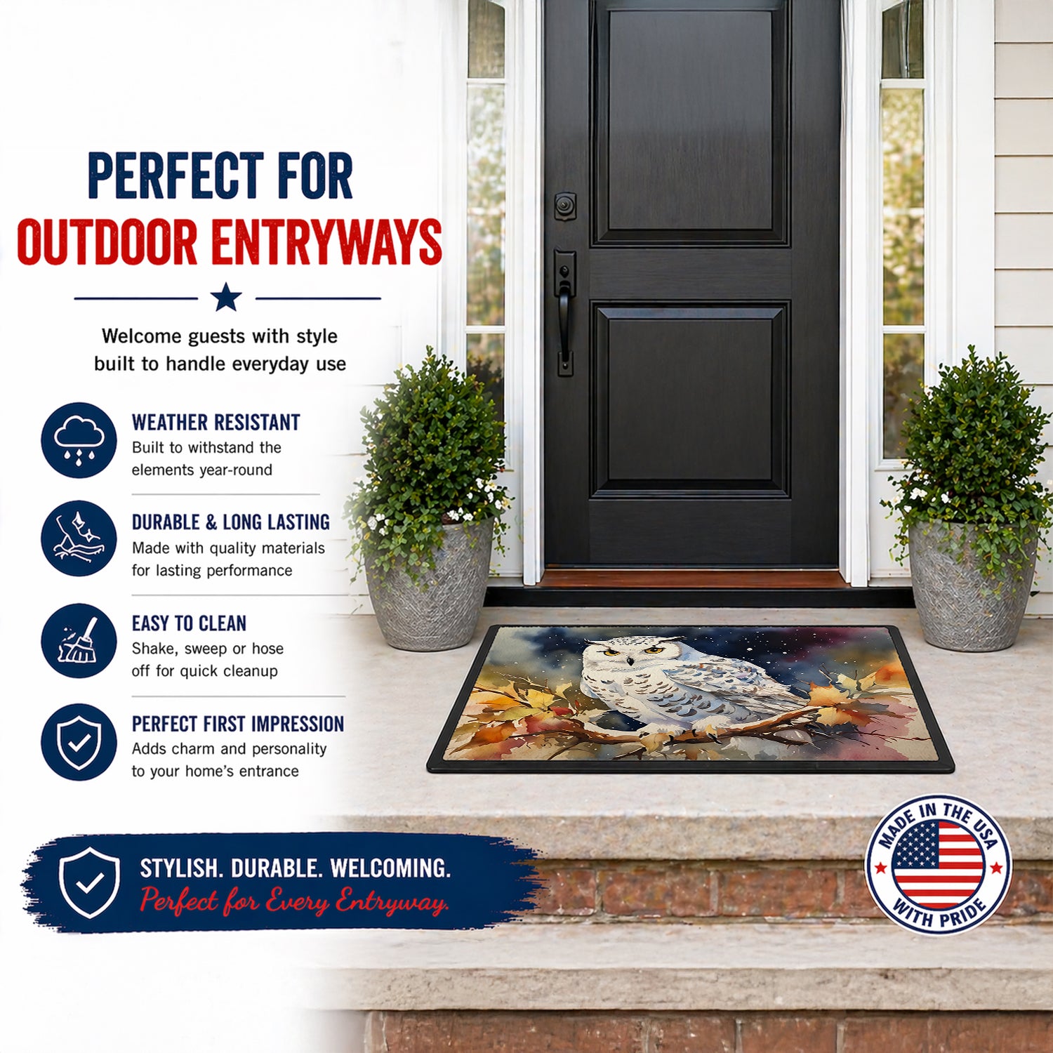 Caroline's Treasures Snowy Owl with Autumn Leaves Doormat Front Door Mat Indoor Outdoor Rugs for Entryway, Non Slip Washable Low Pile, 18H X 27W