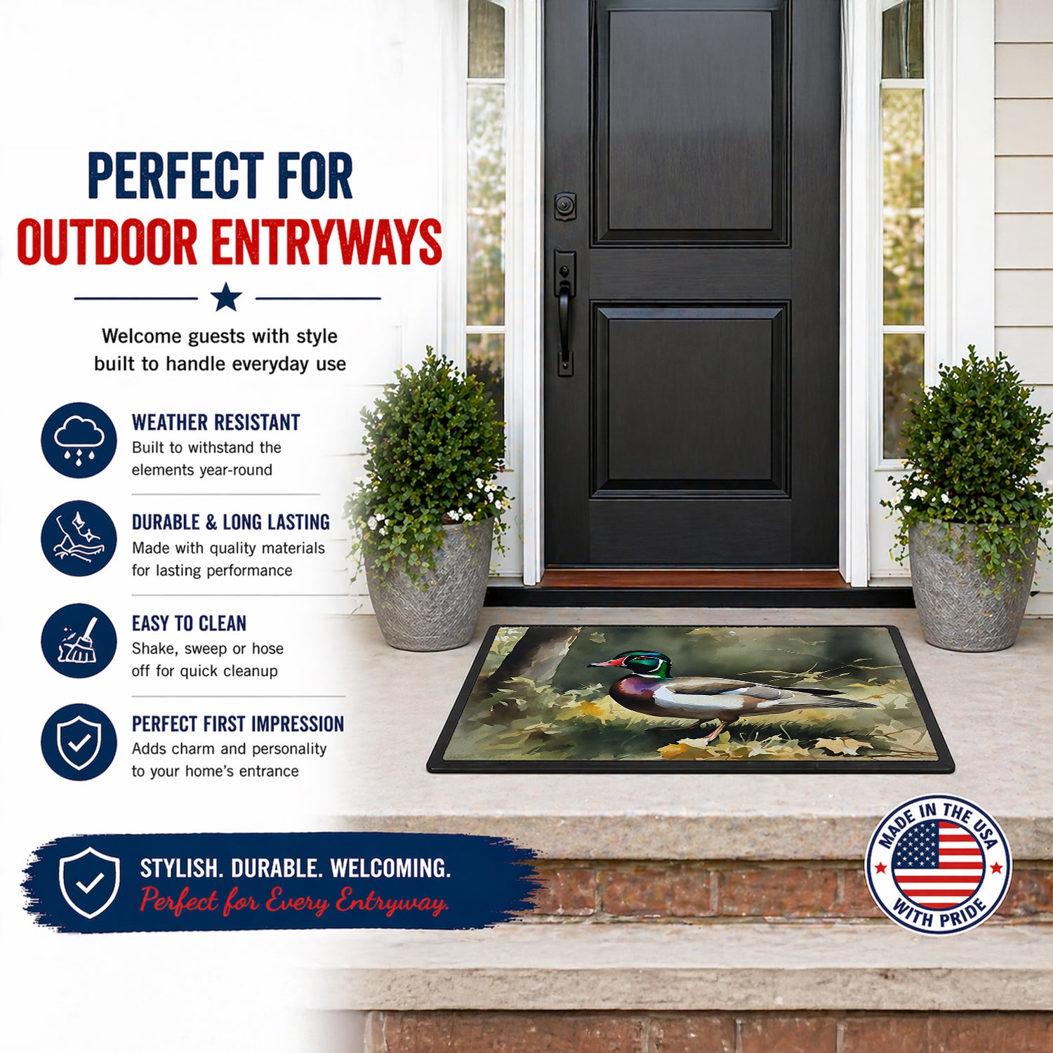 Wood Duck Standing Forest Floor Watercolor Doormat Front Door Mat Indoor Outdoor Rugs for Entryway, Non Slip Washable Low Pile, 24H X 36W