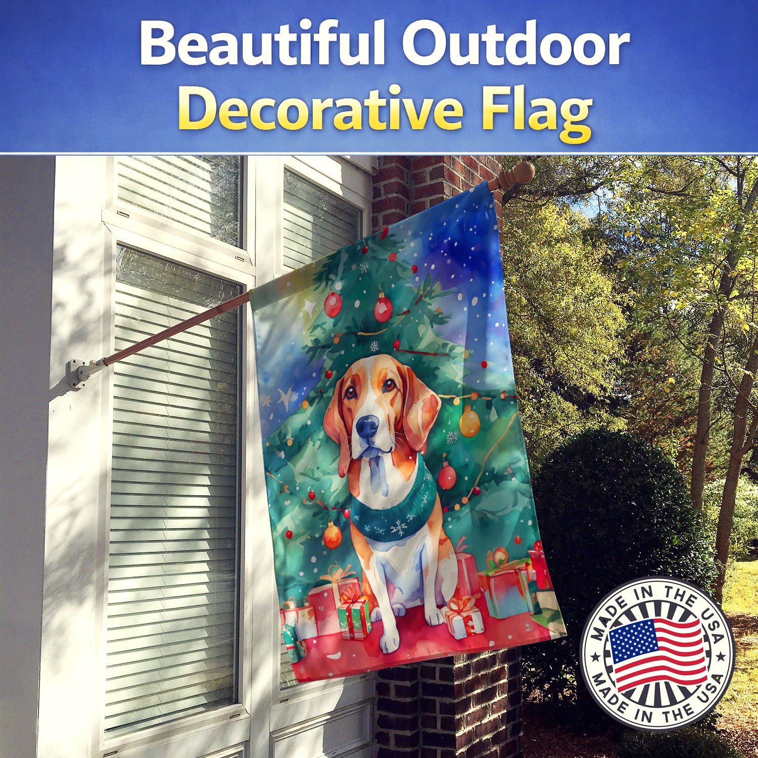 Caroline's Treasures English Foxhound Christmas House Flag Large Porch Sleeve Pole Decorative Outside Yard Banner Artwork Wall Hanging, Polyester, House Size, Multicolor