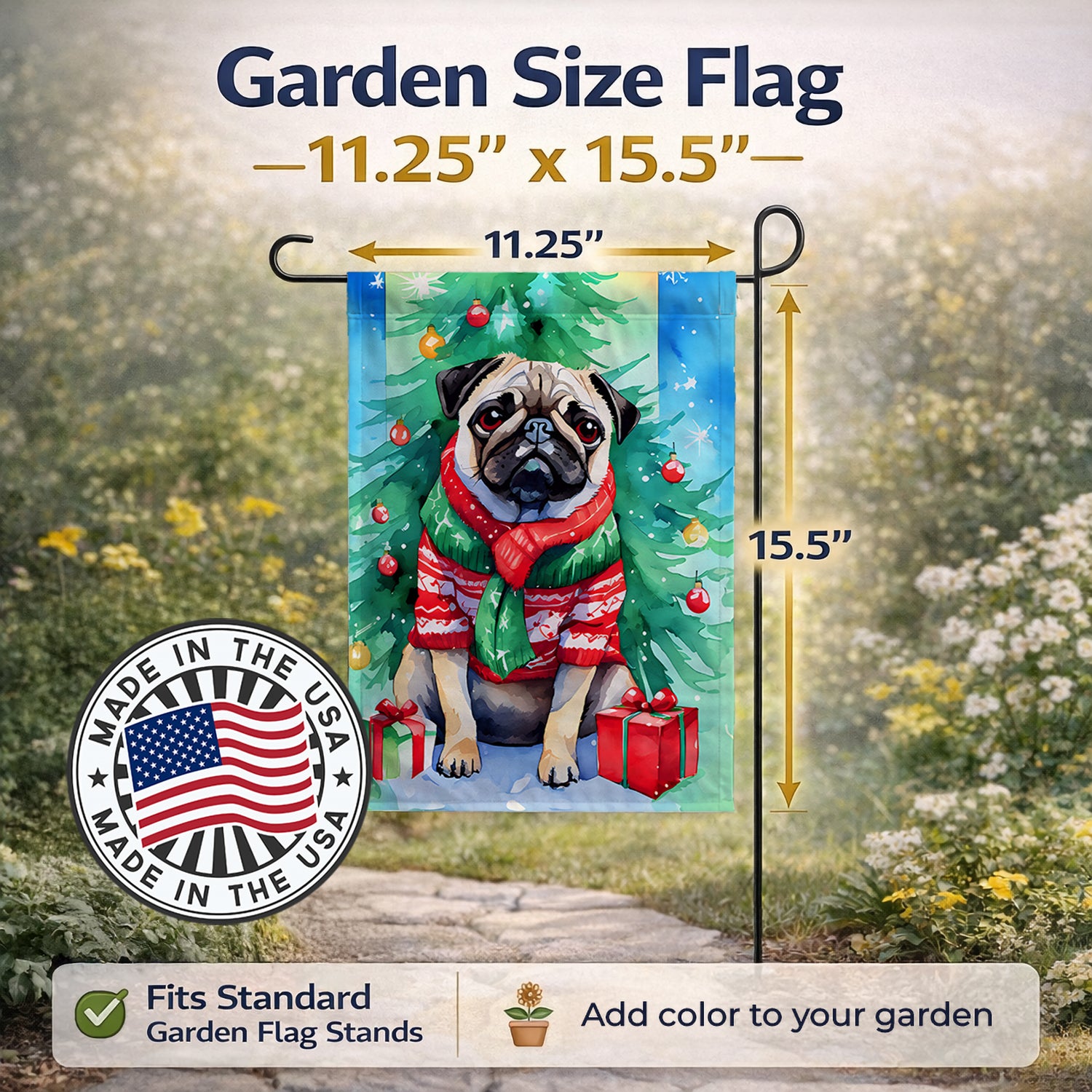 Caroline's Treasures Pug Christmas Garden Flag Mailbox Decorative Yard Banner Outside Patio Artwork for Flower Beds, Garden Size, Multicolor