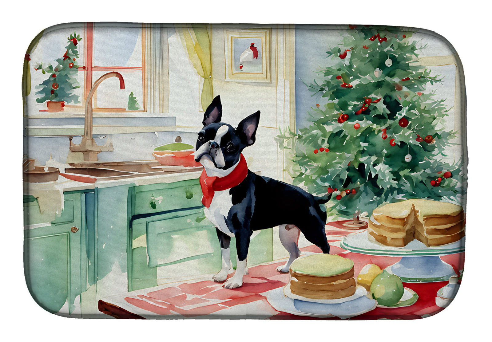 Caroline's Treasures Boston Terrier Christmas Cookies Dish Drying Mat