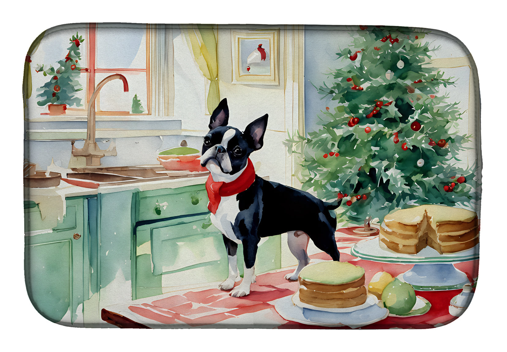Caroline's Treasures Boston Terrier Christmas Cookies Dish Drying Mat