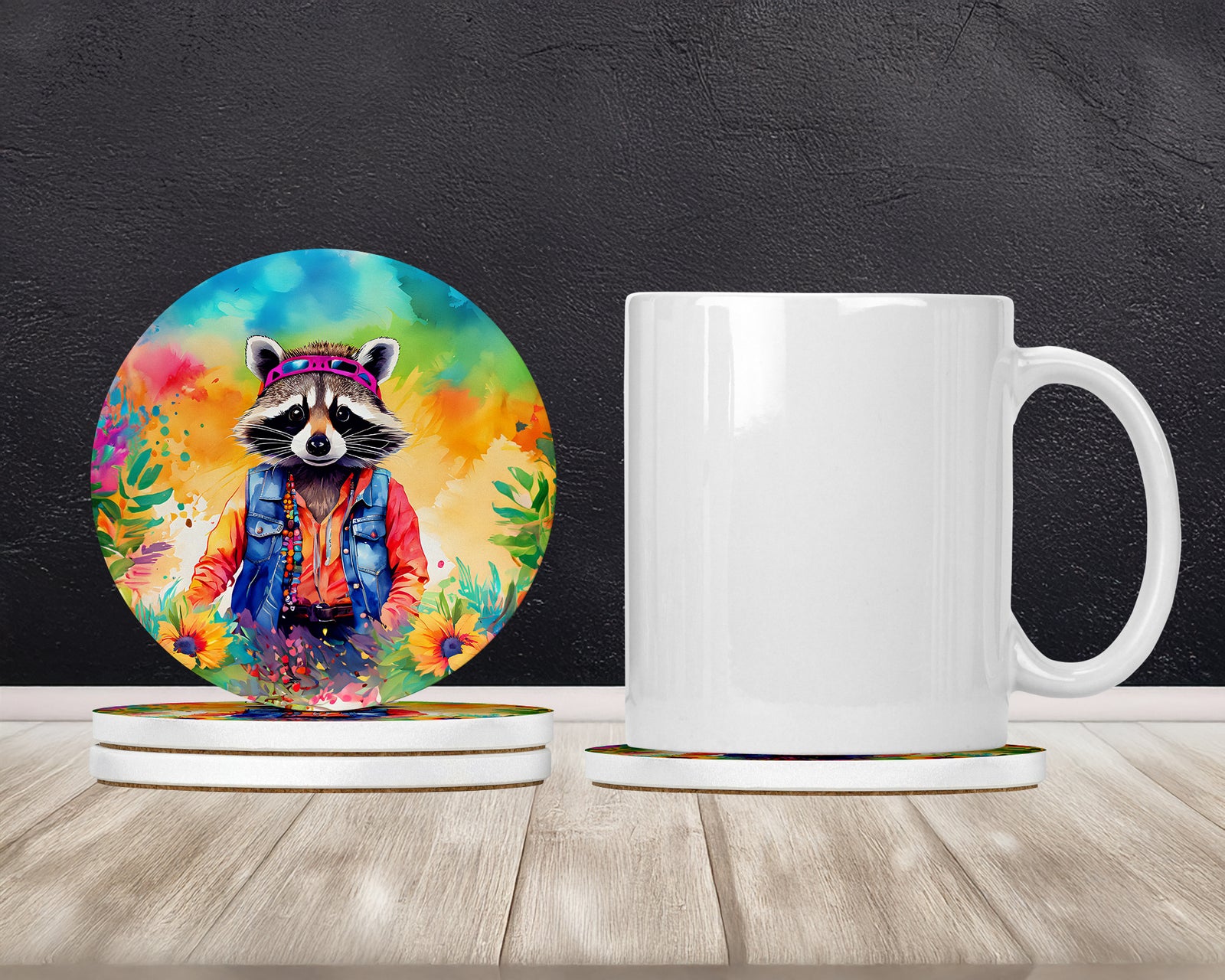 Caroline's Treasures Hippie Animal Raccoon Large Sandstone Coasters Pack of 4