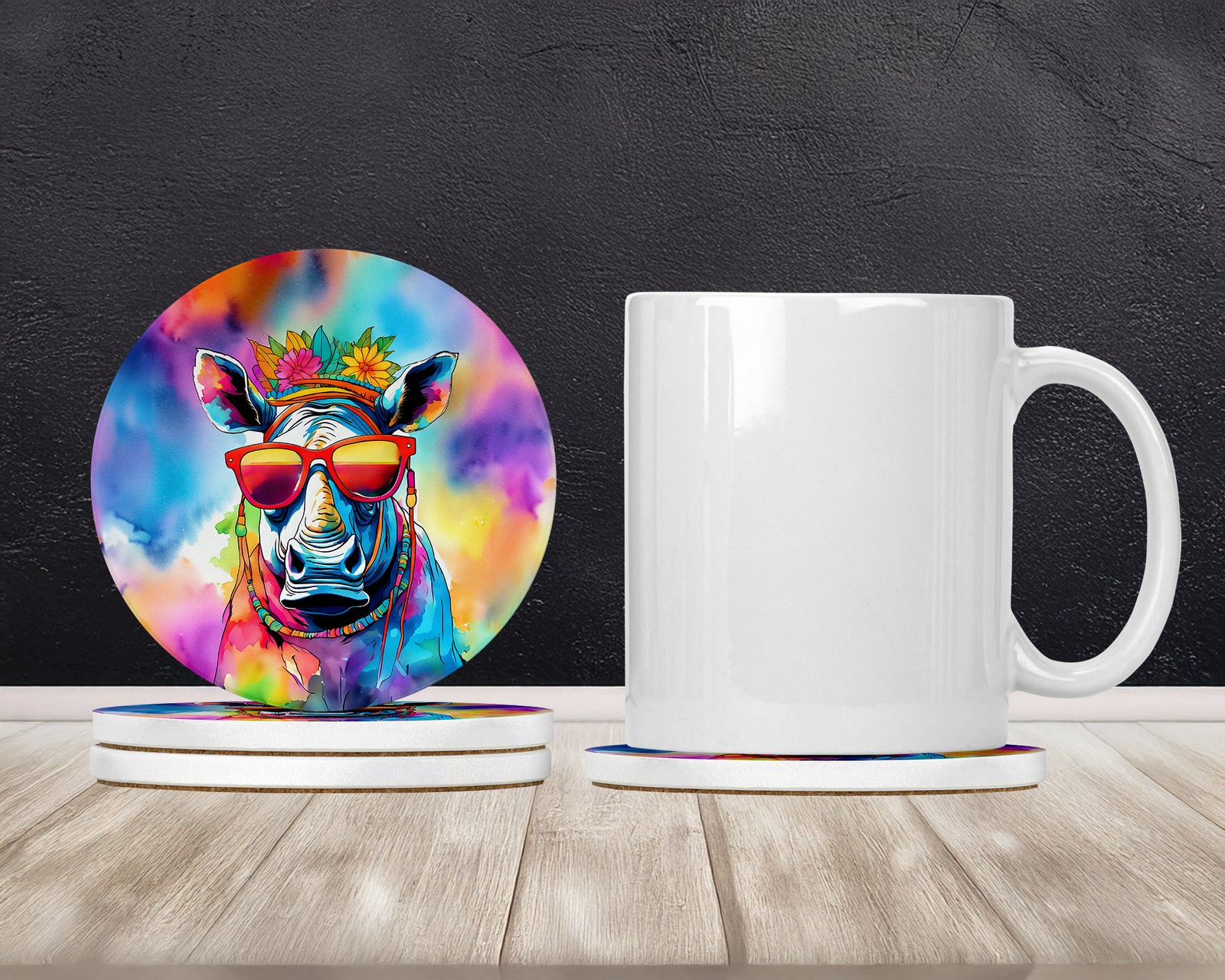 Caroline's Treasures Hippie Animal Rhinoceros Large Sandstone Coasters Pack of 4