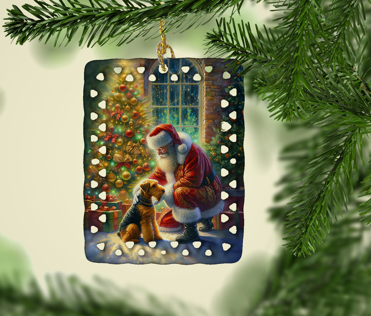 Caroline's Treasures Airedale Terrier and Santa Claus Porcelain Ornament