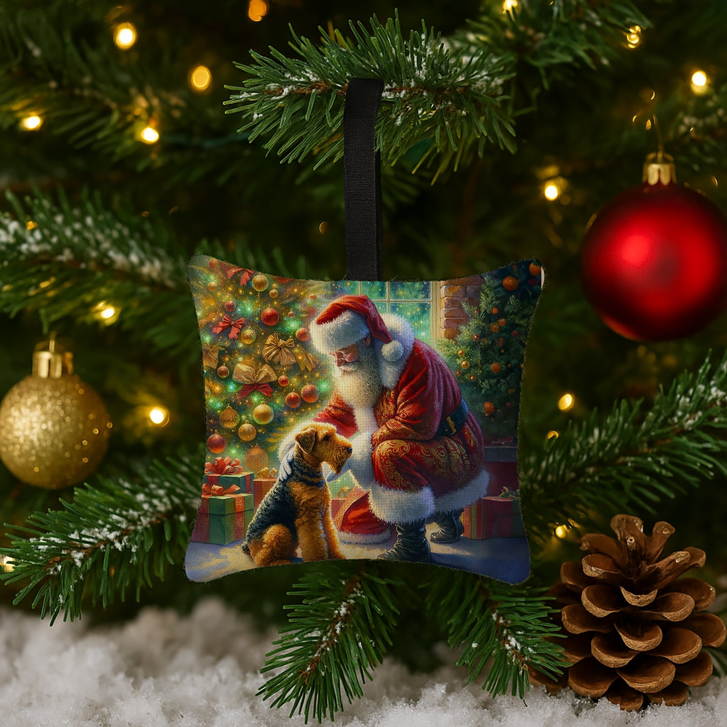Caroline's Treasures Airedale Terrier and Santa Claus Hanging Square Fabric Ornament 3.5 × 3.5