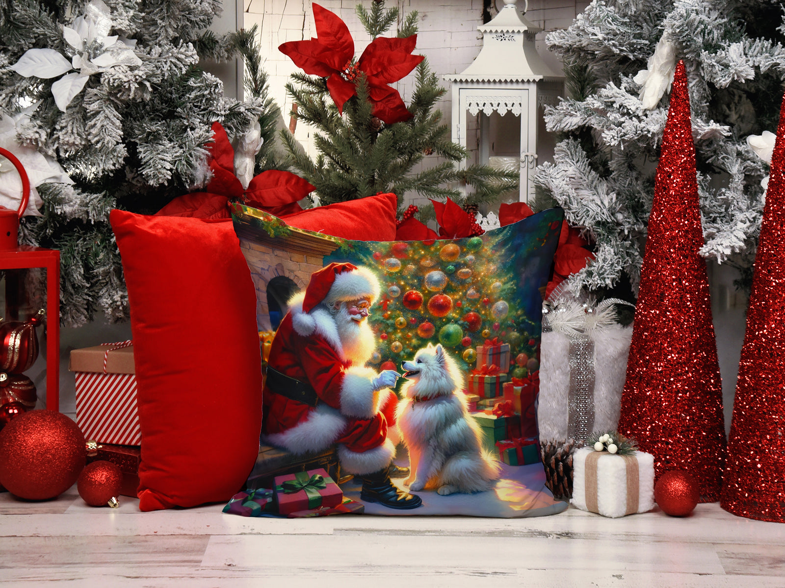 Caroline's Treasures American Eskimo and Santa Claus Throw Pillow - 14x14 Decorative Pillow – Art for Your Home & Patio