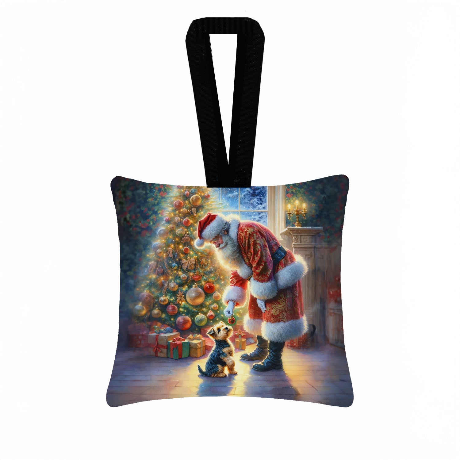 Caroline's Treasures Australian Terrier and Santa Claus Hanging Square Fabric Ornament 3.5 × 3.5