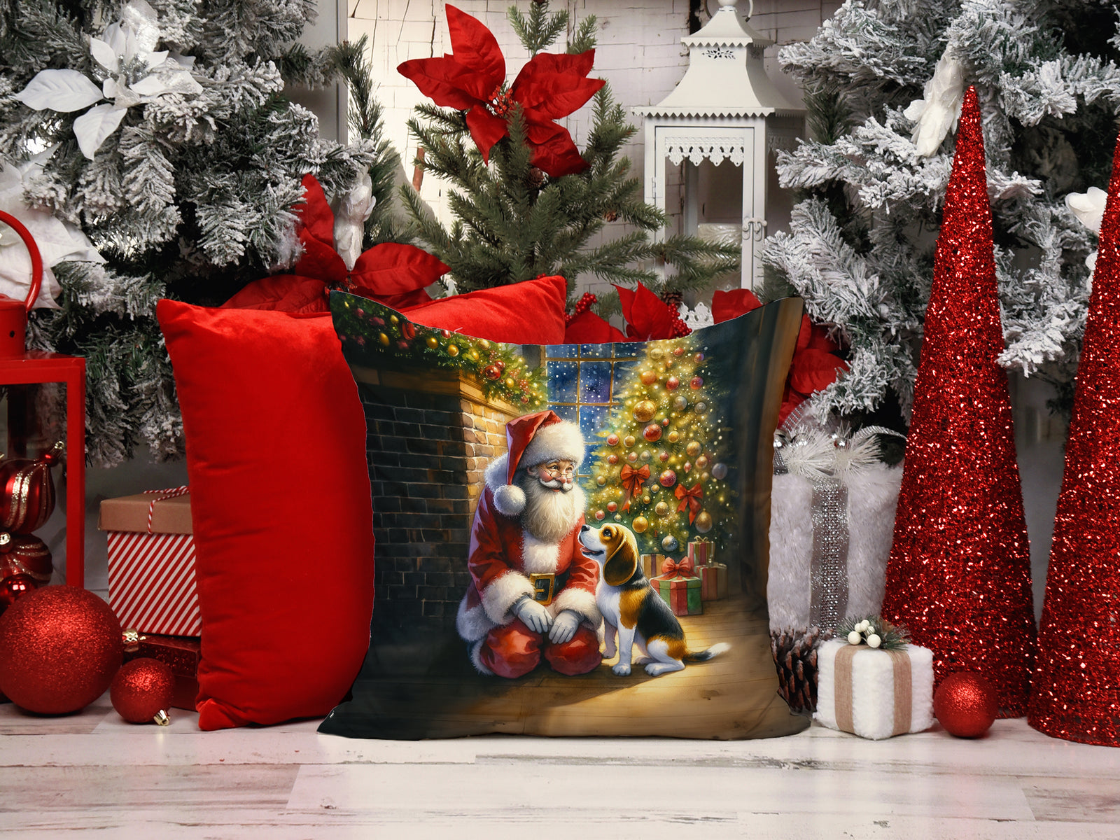Caroline's Treasures Beagle and Santa Claus Throw Pillow - 14x14 Decorative Pillow – Art for Your Home & Patio