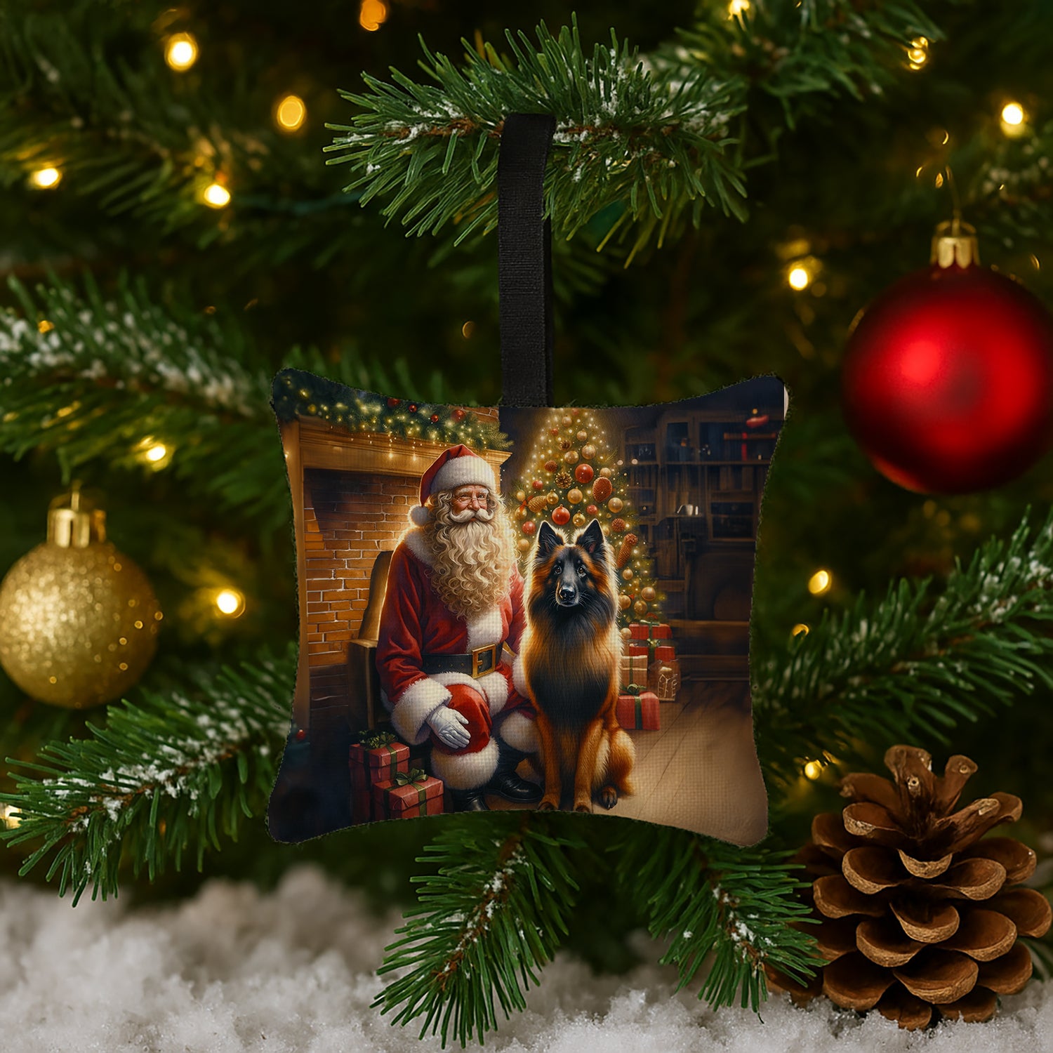 Caroline's Treasures Belgian Tervuren and Santa Claus Hanging Square Fabric Ornament 3.5 × 3.5