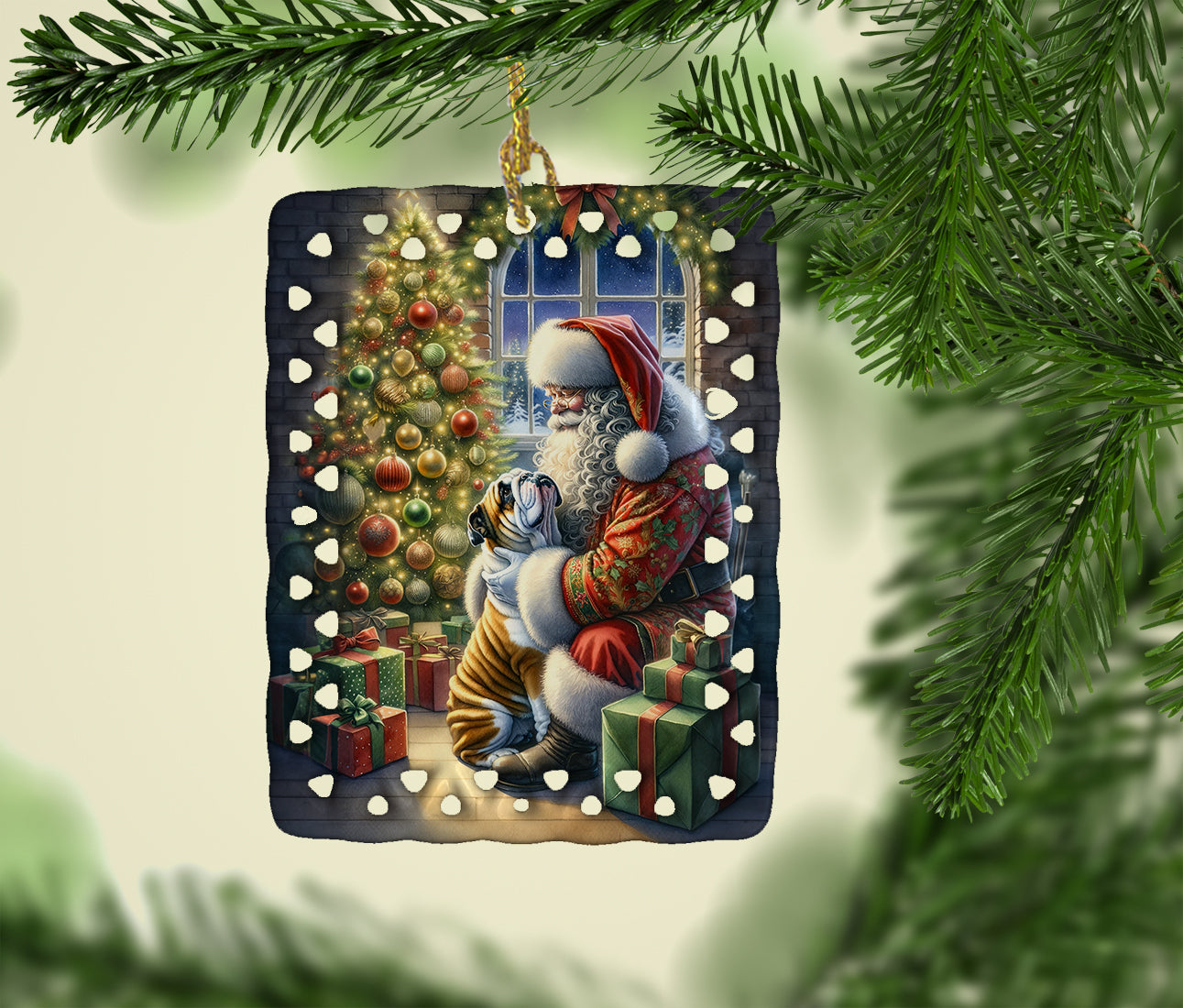 Caroline's Treasures English Bulldog and Santa Claus Porcelain Ornament