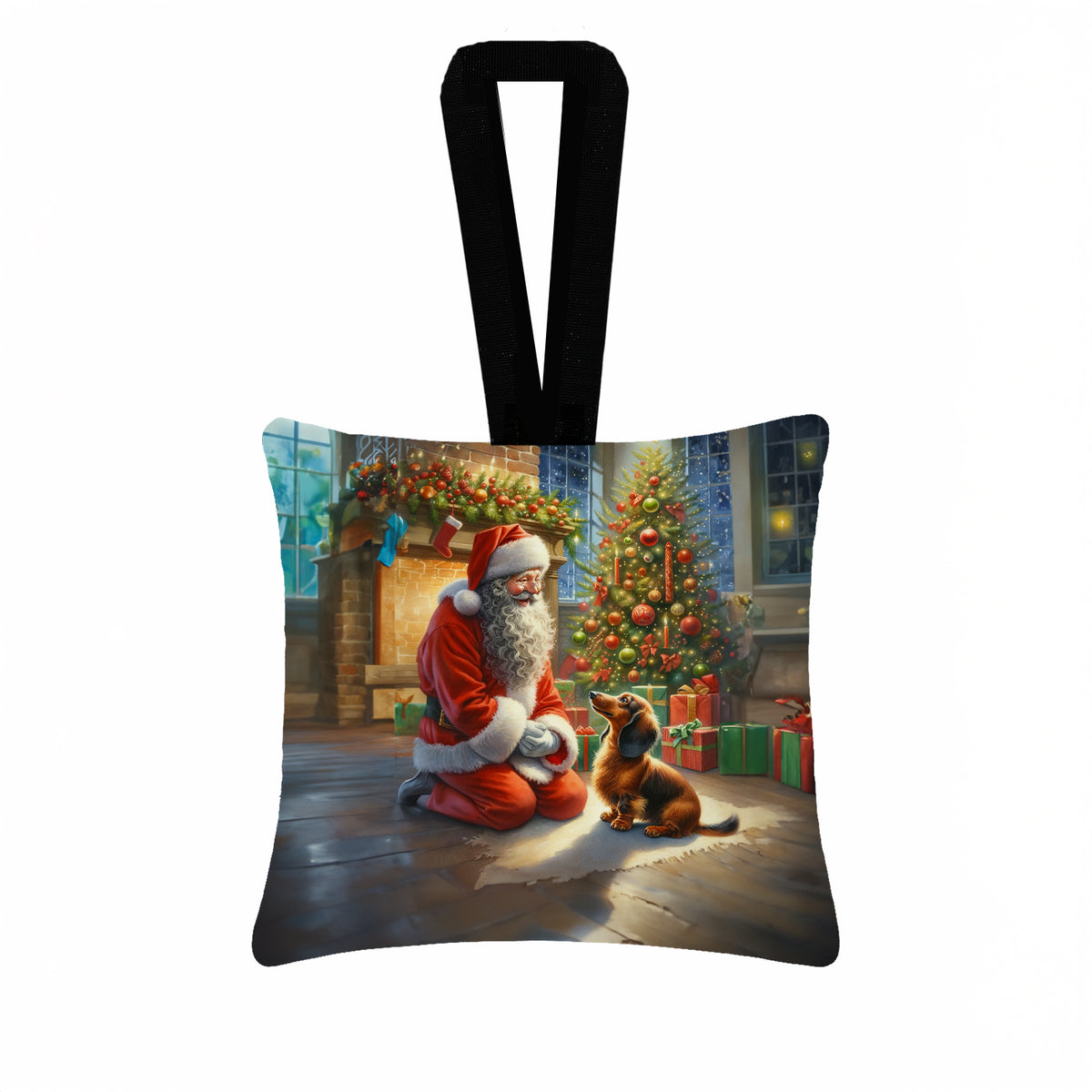 Caroline's Treasures Dachshund and Santa Claus Hanging Square Fabric Ornament 3.5 × 3.5
