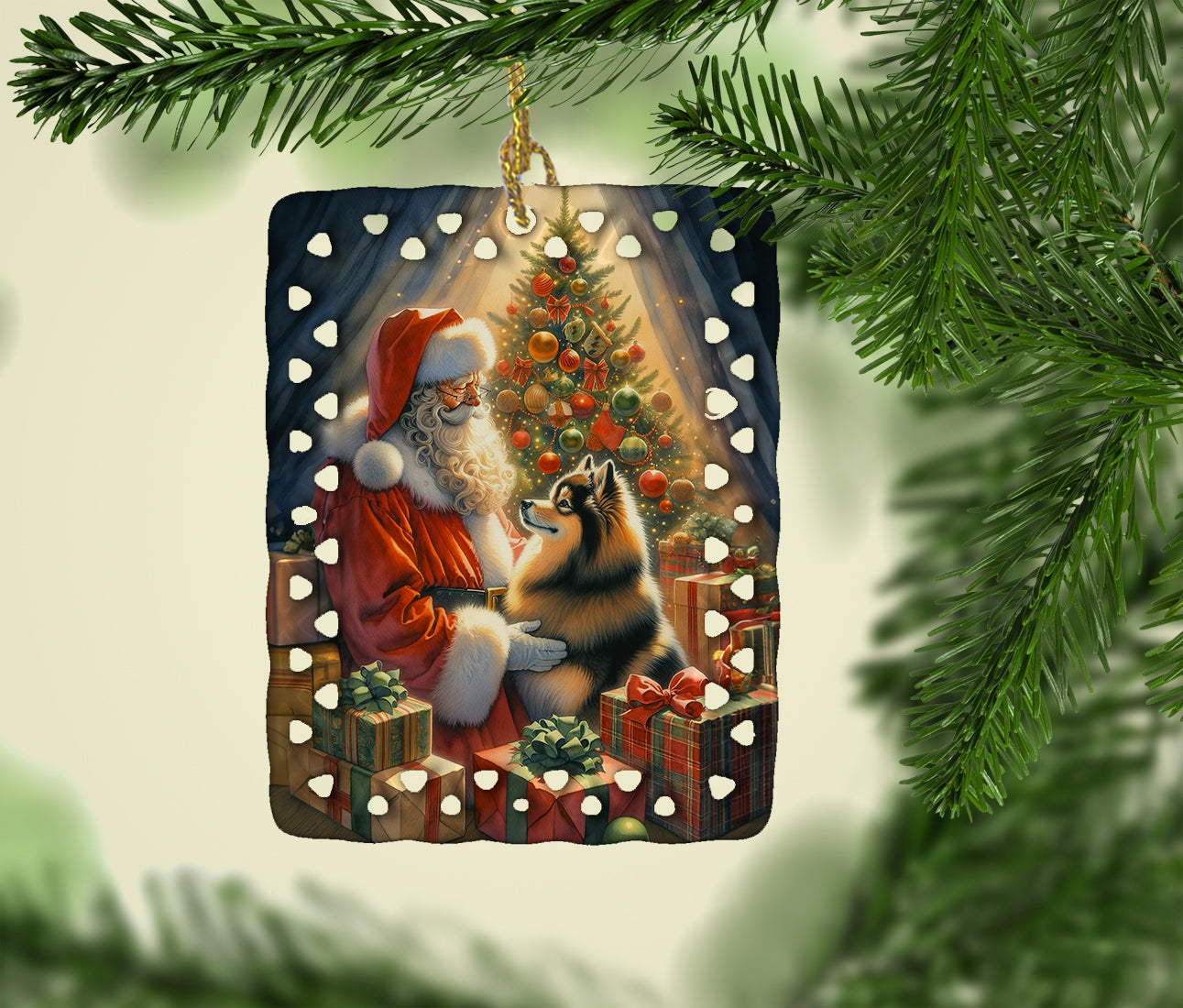 Caroline's Treasures Finnish Spitz and Santa Claus Porcelain Ornament