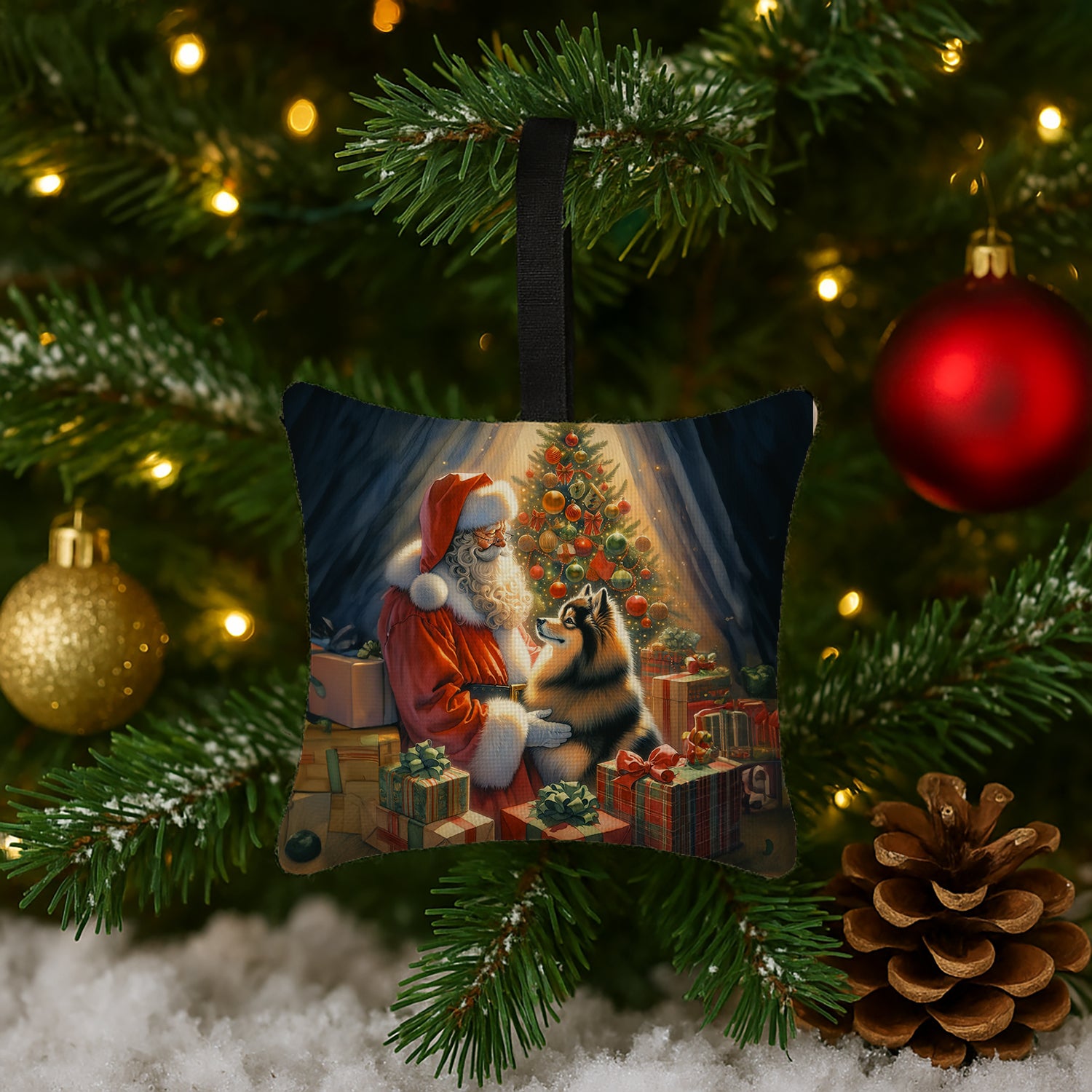 Caroline's Treasures Finnish Spitz and Santa Claus Hanging Square Fabric Ornament 3.5 × 3.5