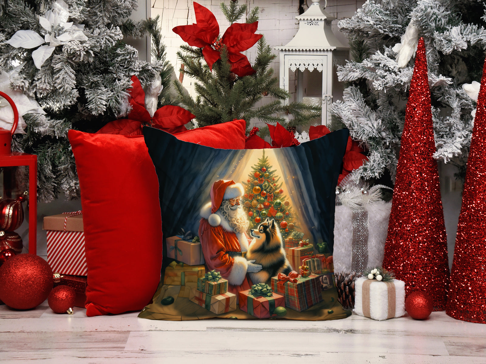 Caroline's Treasures Finnish Spitz and Santa Claus Throw Pillow - 14x14 Decorative Pillow – Art for Your Home & Patio