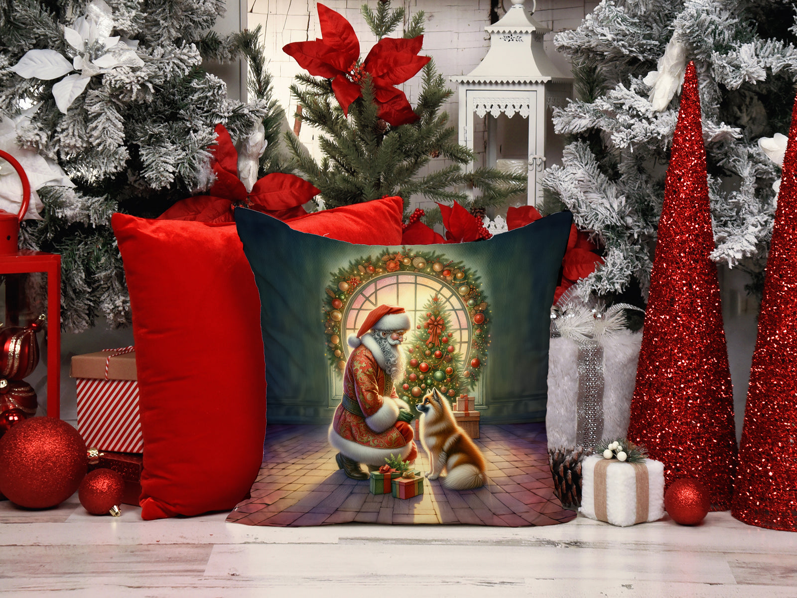 Caroline's Treasures Finnish Spitz and Santa Claus Throw Pillow - 14x14 Decorative Pillow – Art for Your Home & Patio