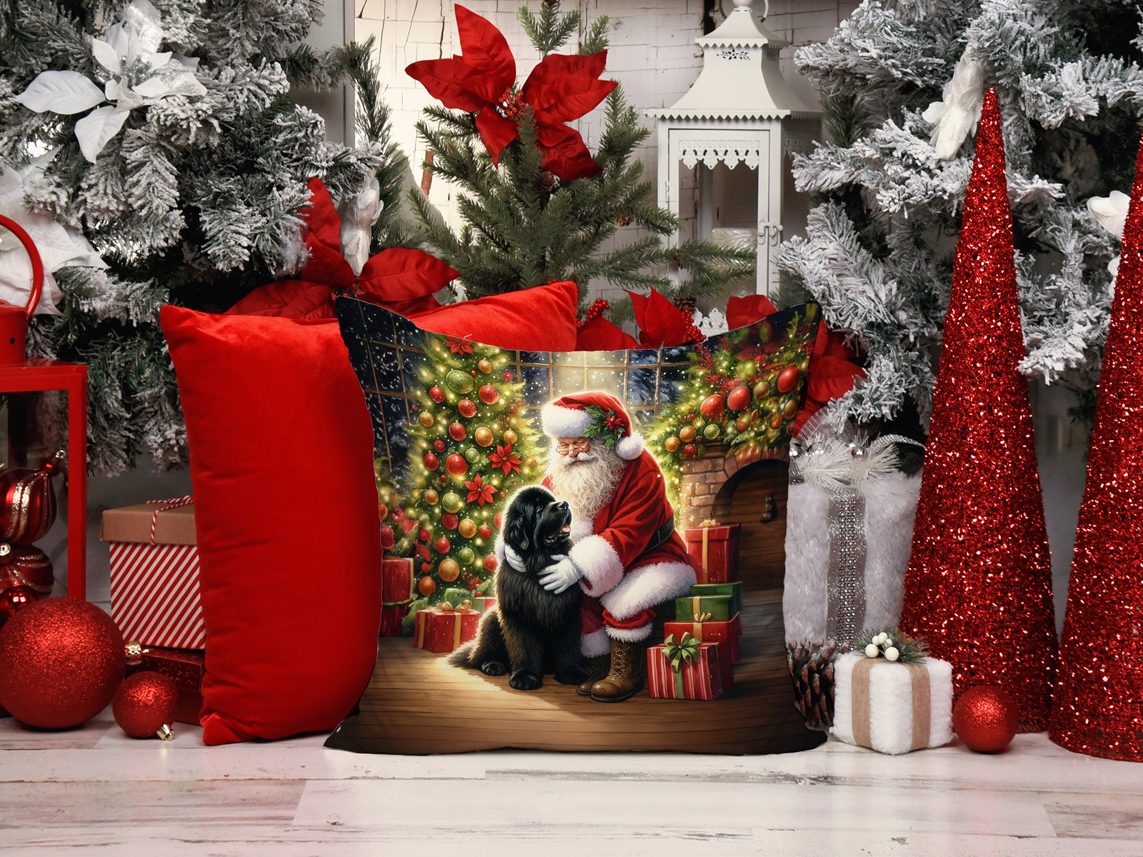 Caroline's Treasures Newfoundland and Santa Claus Throw Pillow - 14x14 Decorative Pillow – Art for Your Home & Patio