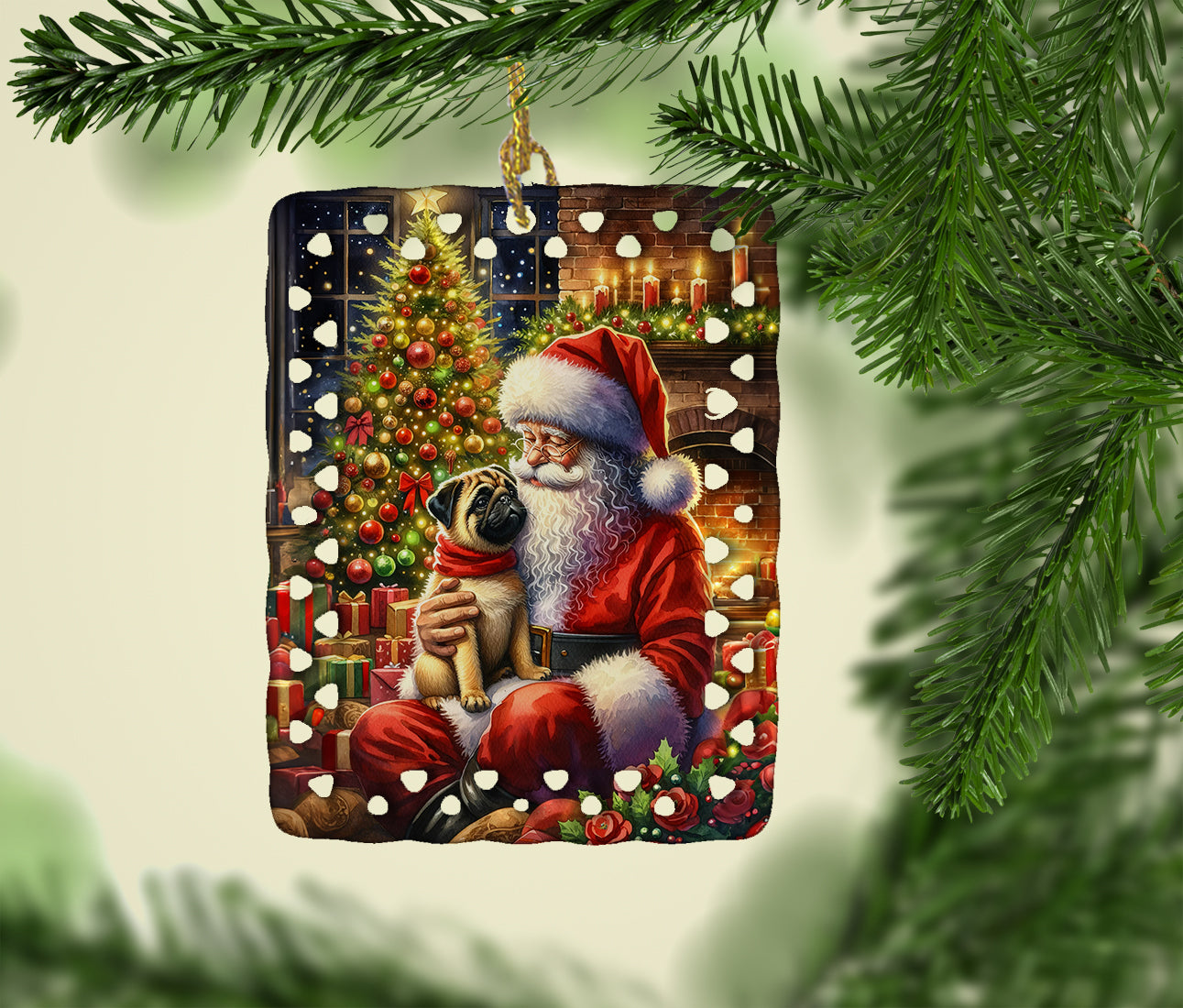 Caroline's Treasures Fawn Pug and Santa Claus Porcelain Ornament