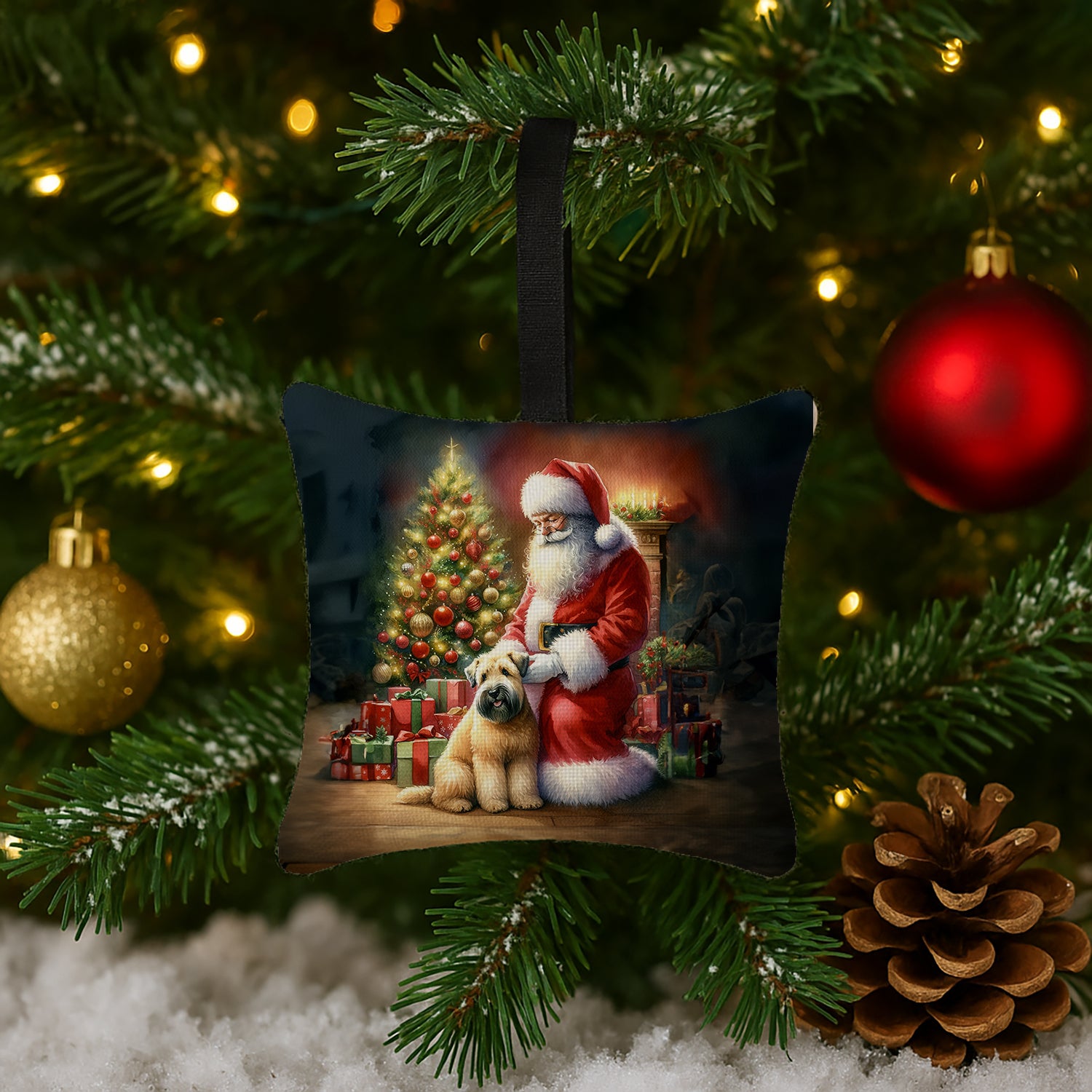 Caroline's Treasures Wheaten Terrier and Santa Claus Hanging Square Fabric Ornament 3.5 × 3.5