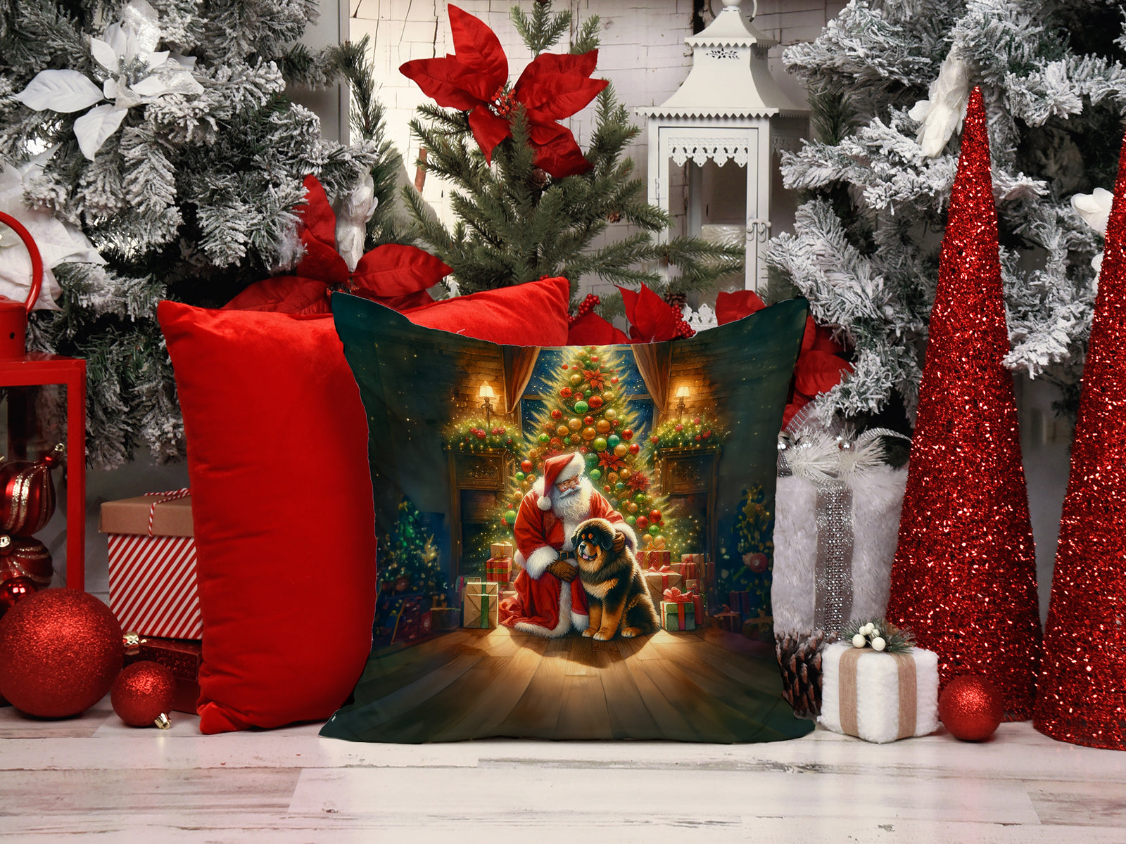 Caroline's Treasures Tibetan Mastiff and Santa Claus Throw Pillow - 14x14 Decorative Pillow – Art for Your Home & Patio