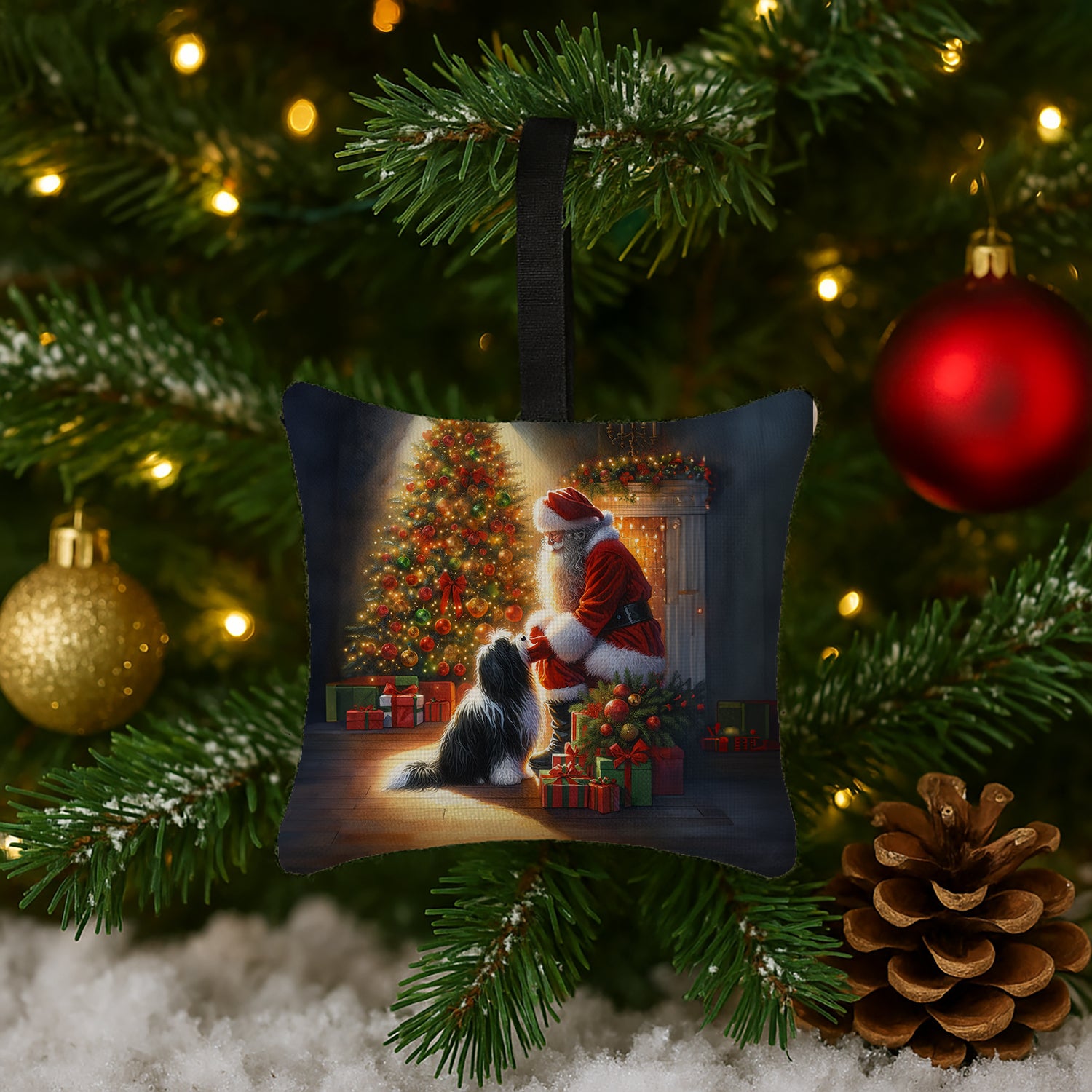 Caroline's Treasures Tibetan Terrier and Santa Claus Hanging Square Fabric Ornament 3.5 × 3.5