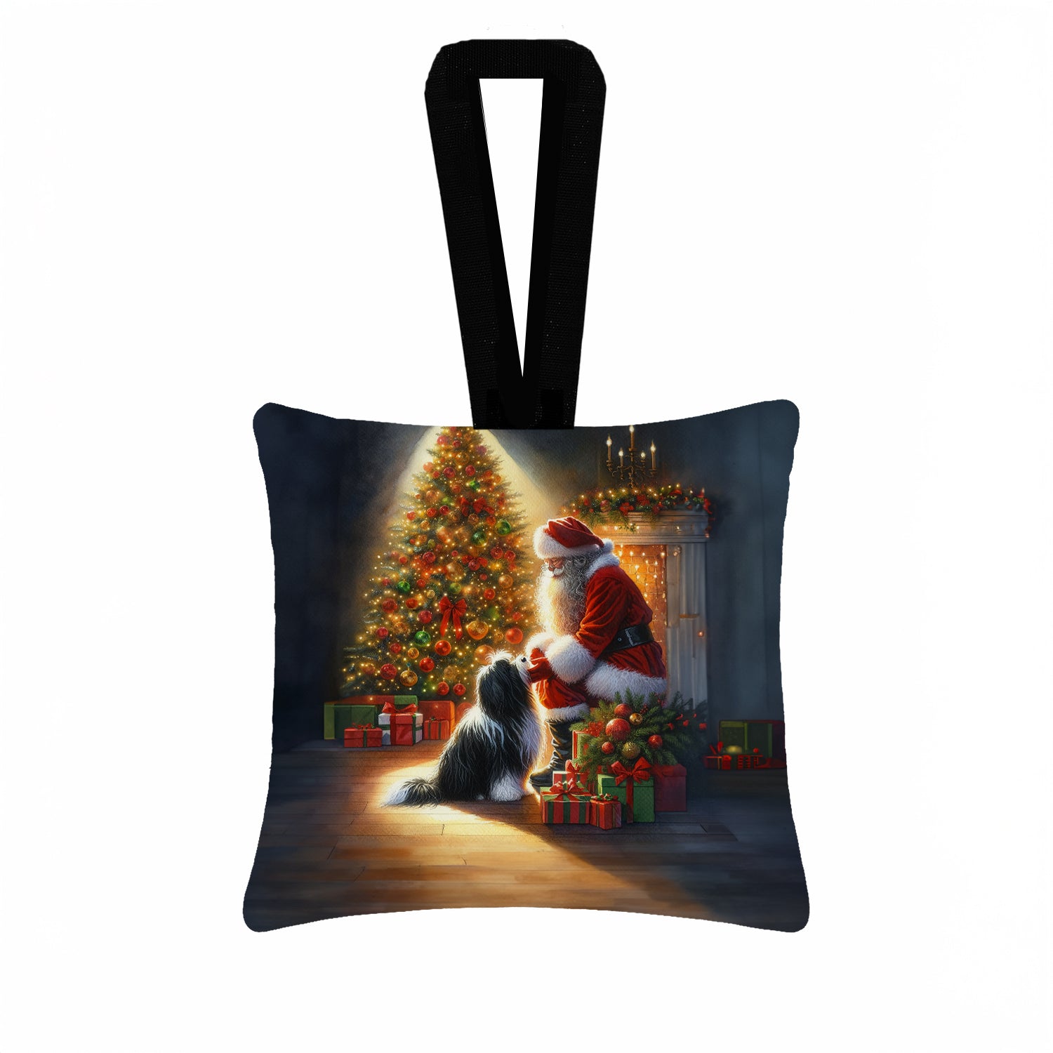 Caroline's Treasures Tibetan Terrier and Santa Claus Hanging Square Fabric Ornament 3.5 × 3.5