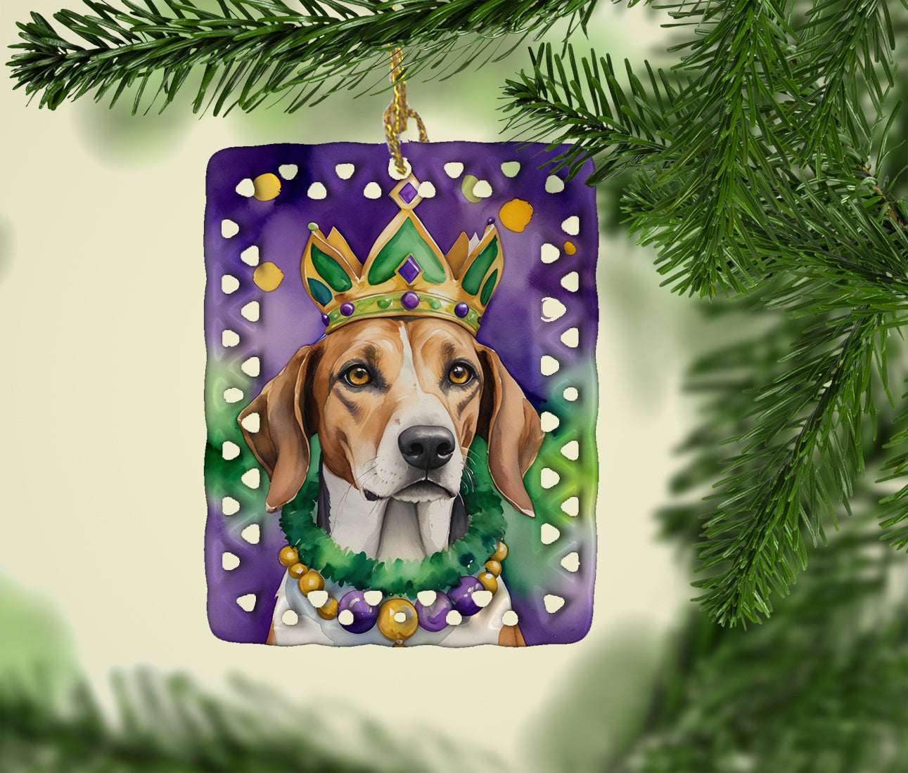 Caroline's Treasures American Foxhound King of Mardi Gras Porcelain Ornament