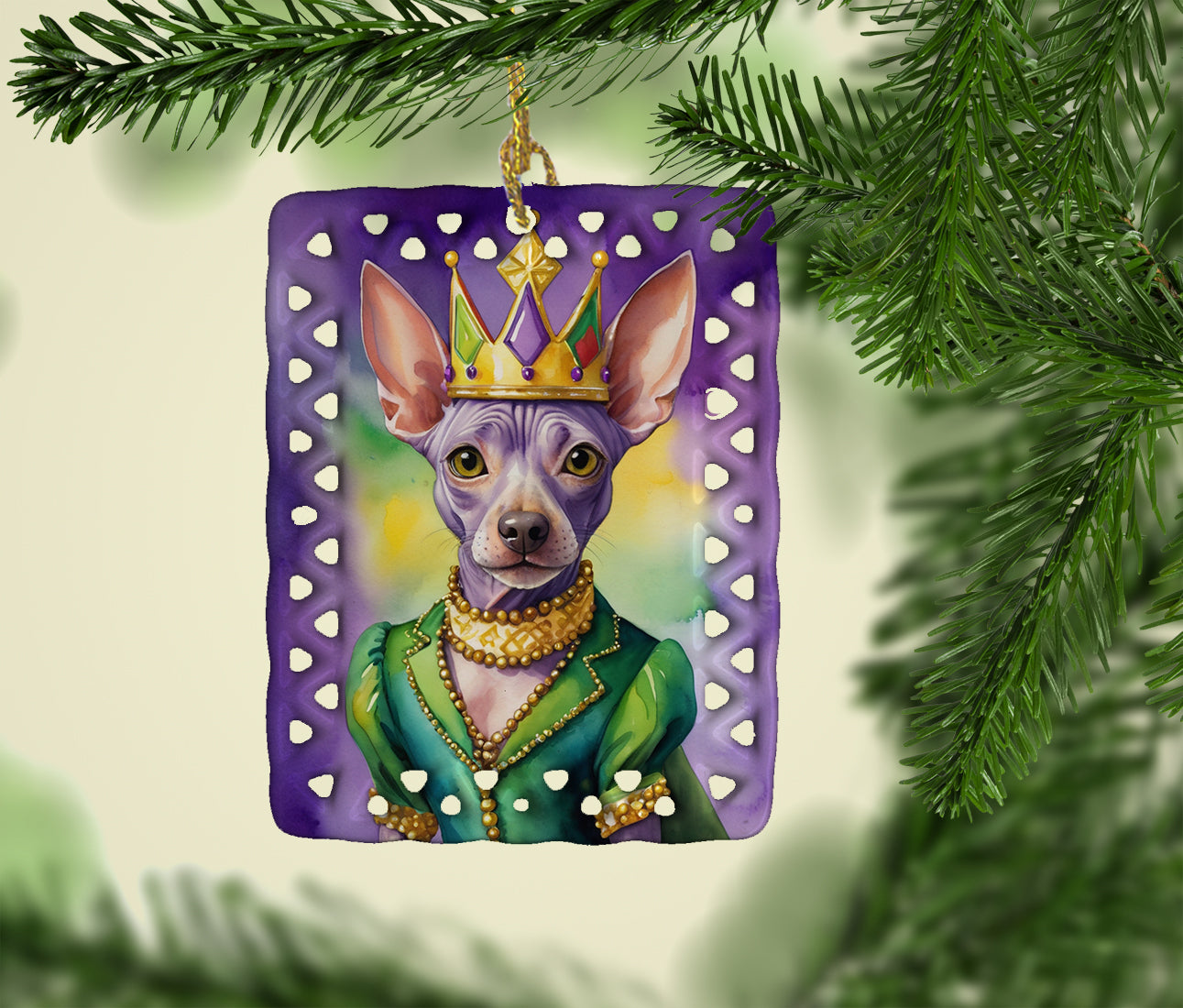 Caroline's Treasures American Hairless Terrier King of Mardi Gras Porcelain Ornament