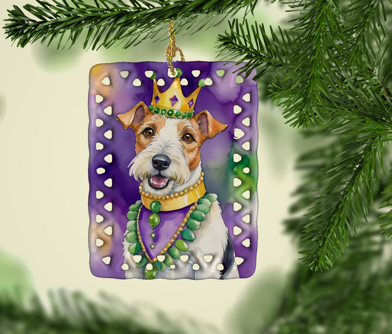 Caroline's Treasures Fox Terrier King of Mardi Gras Porcelain Ornament