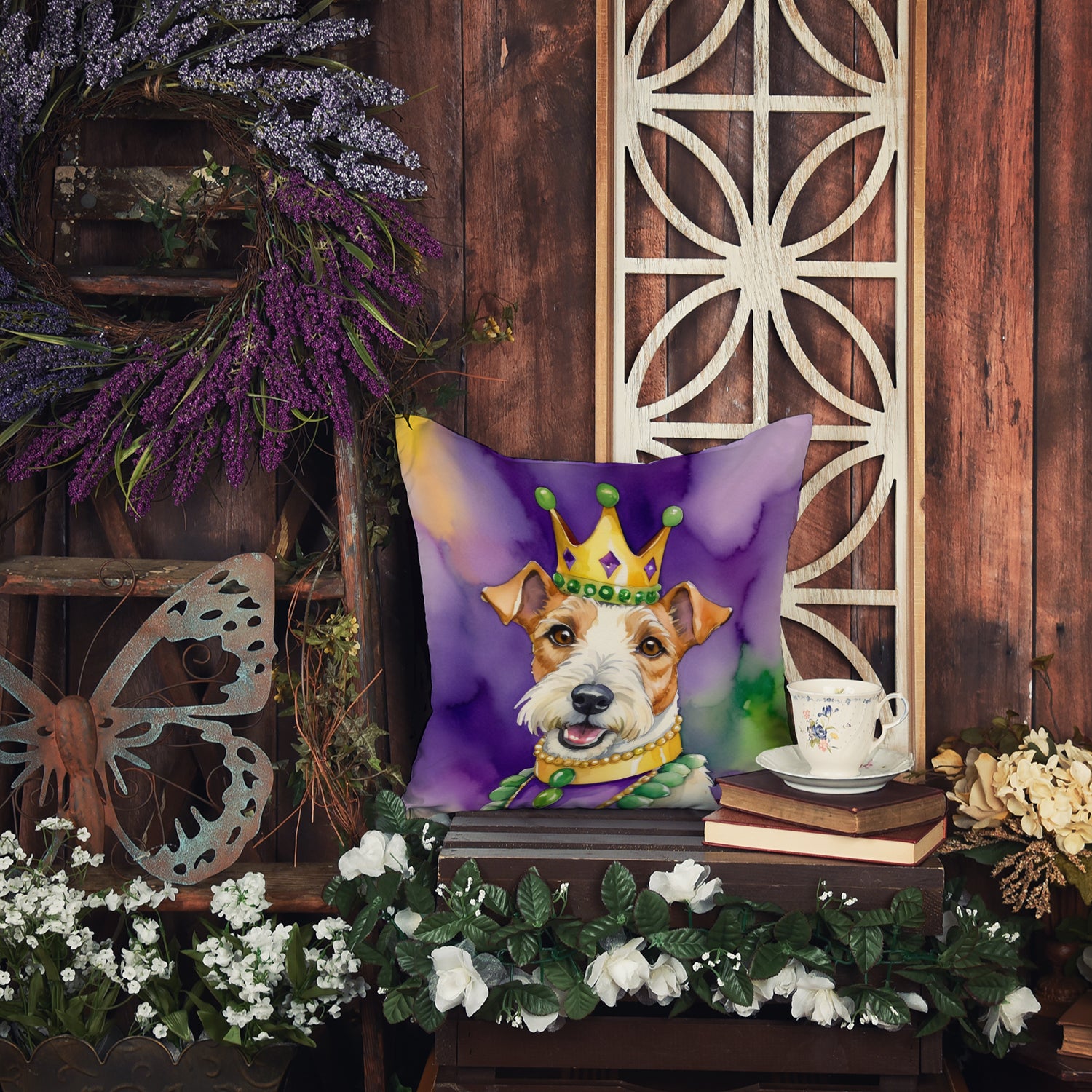 Caroline's Treasures Fox Terrier King of Mardi Gras Throw Pillow - 14x14 Decorative Pillow – Art for Your Home & Patio