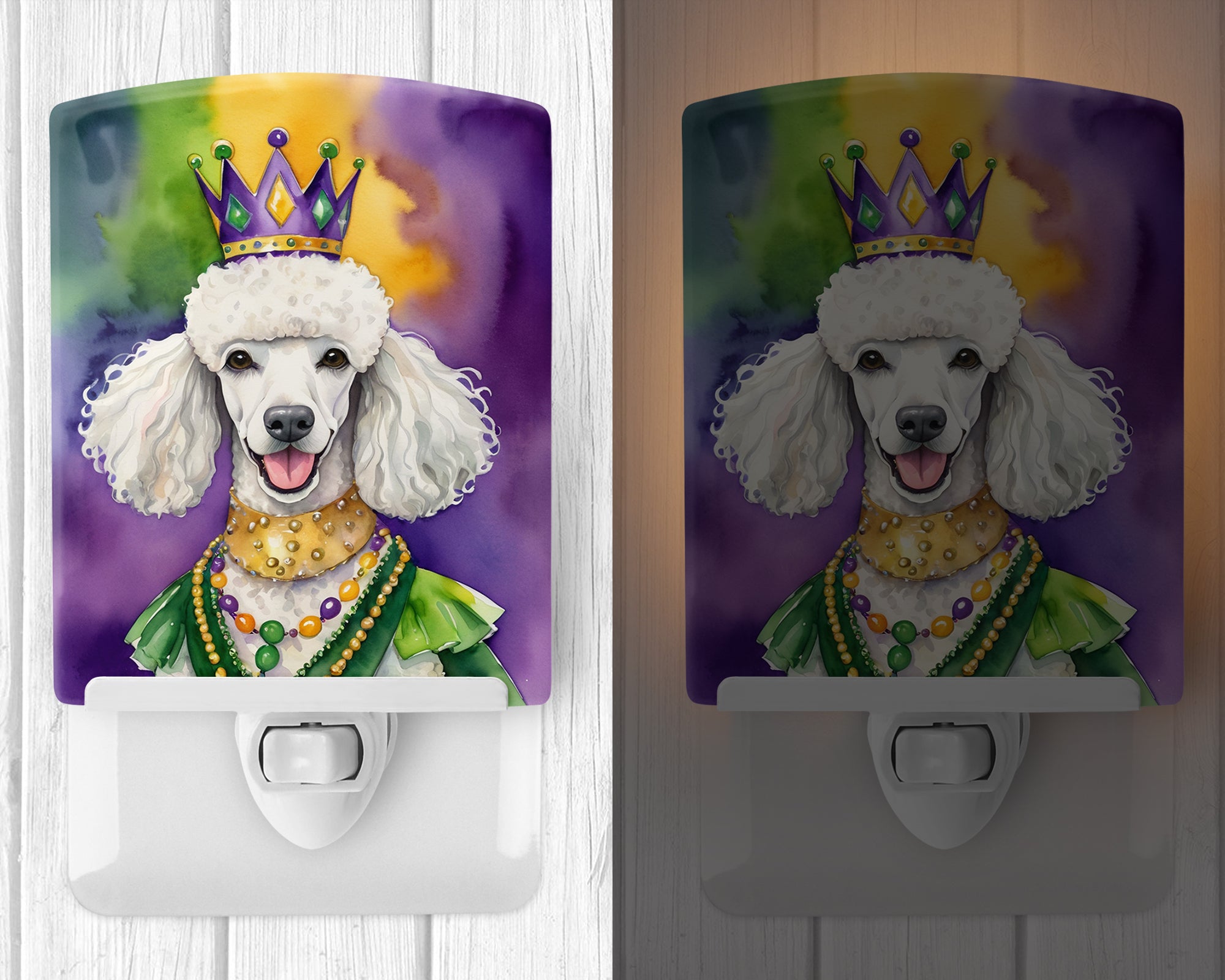 White Poodle King of Mardi Gras Ceramic Night Light