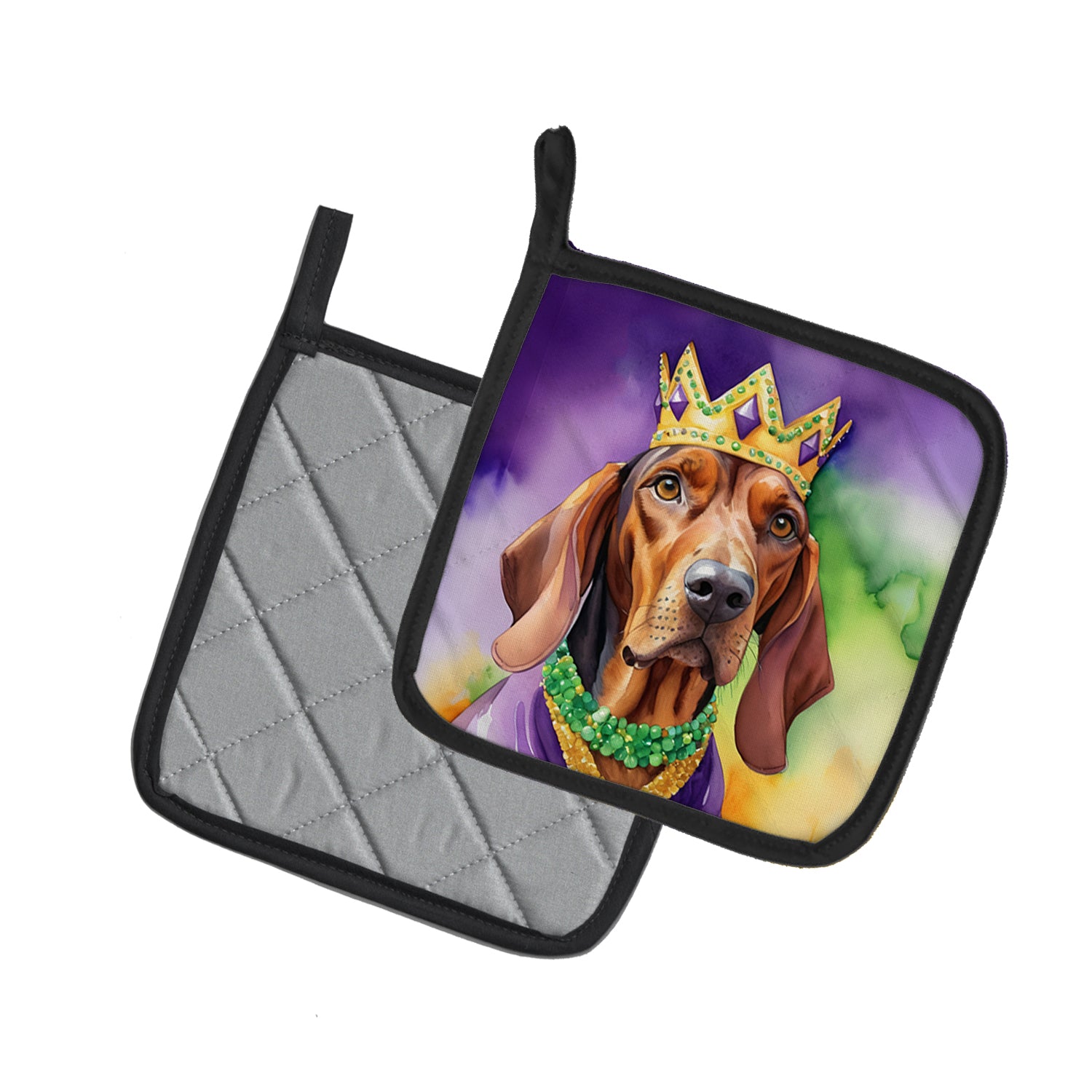 Caroline's Treasures Redbone Coonhound King of Mardi Gras Pot Holders - Set of 2 Decorative Kitchen Helpers | Made in the USA