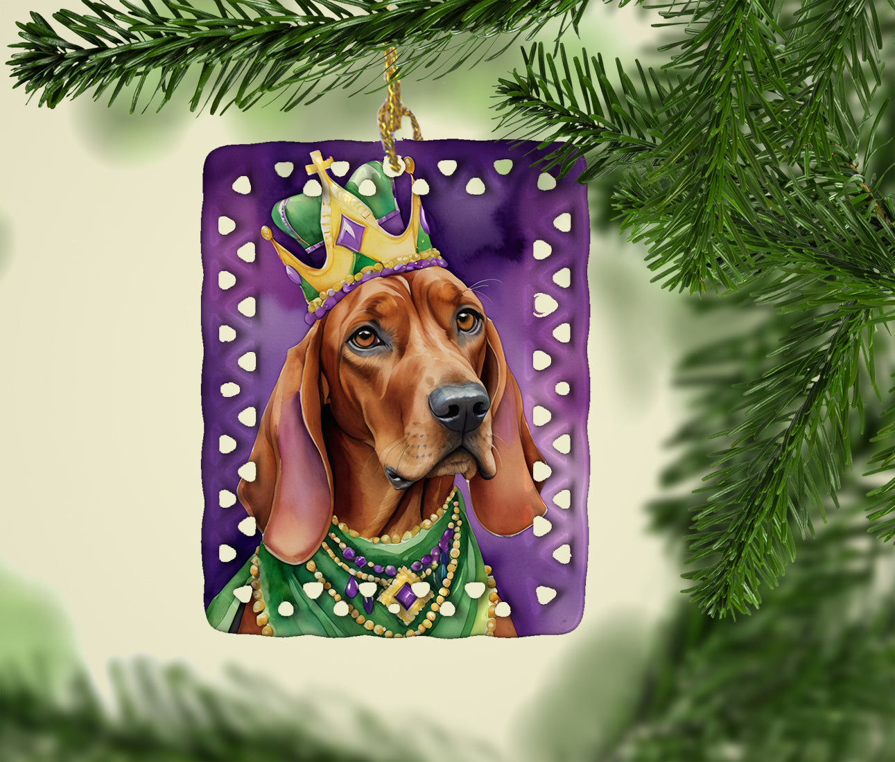 Caroline's Treasures Redbone Coonhound King of Mardi Gras Porcelain Ornament