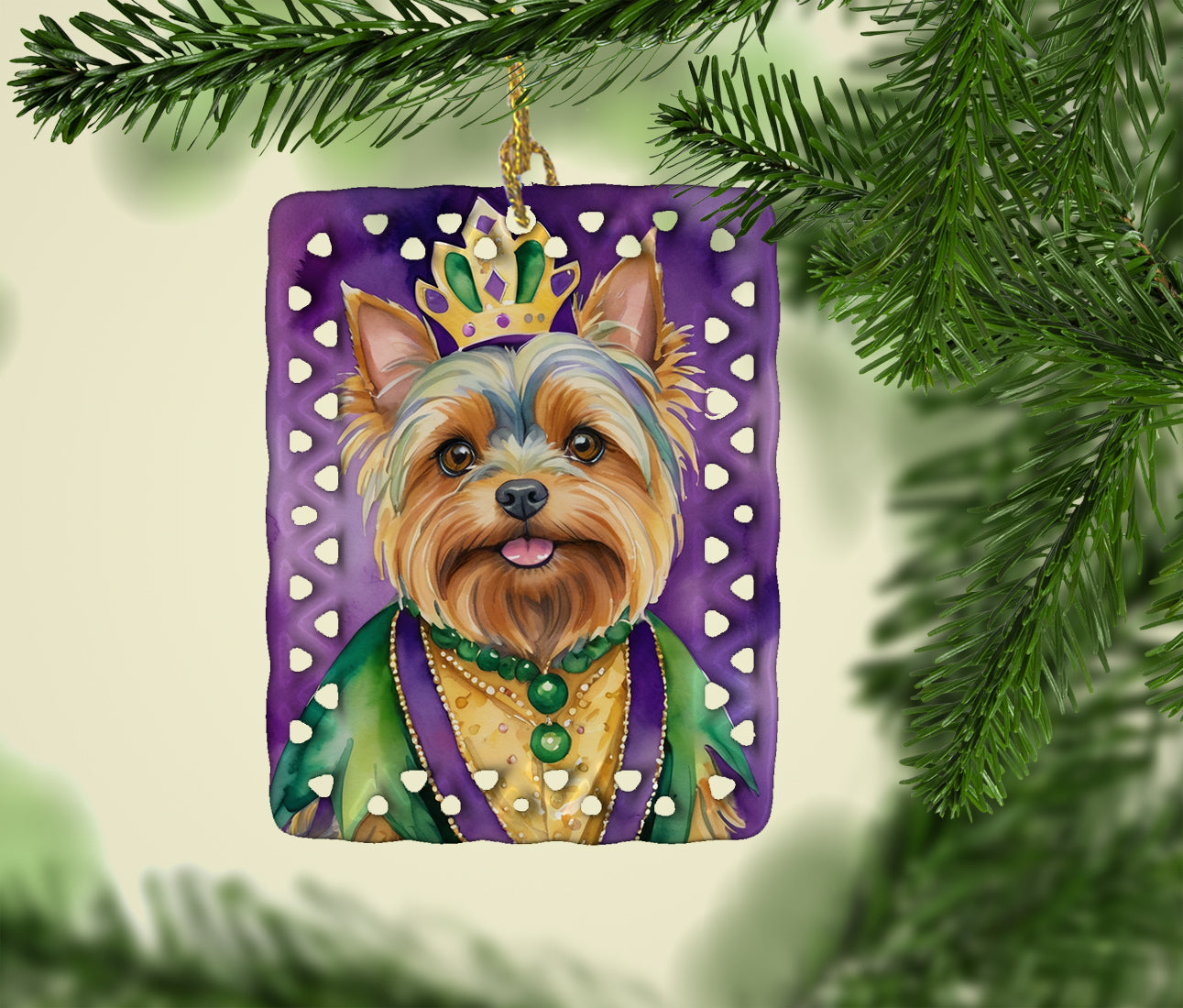 Caroline's Treasures Yorkshire Terrier King of Mardi Gras Porcelain Ornament