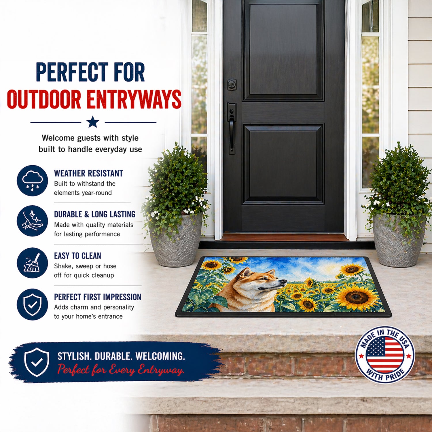 Caroline's Treasures Akita in Sunflowers Doormat Front Door Mat Indoor Outdoor Rugs for Entryway, Non Slip Washable Low Pile, 18H X 27W
