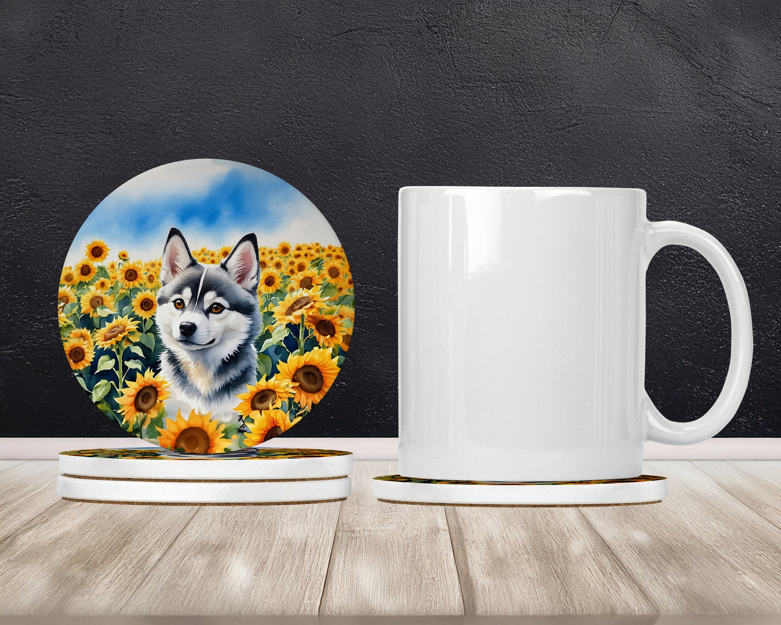Caroline's Treasures Alaskan Klee Kai in Sunflowers Large Sandstone Coasters Pack of 4