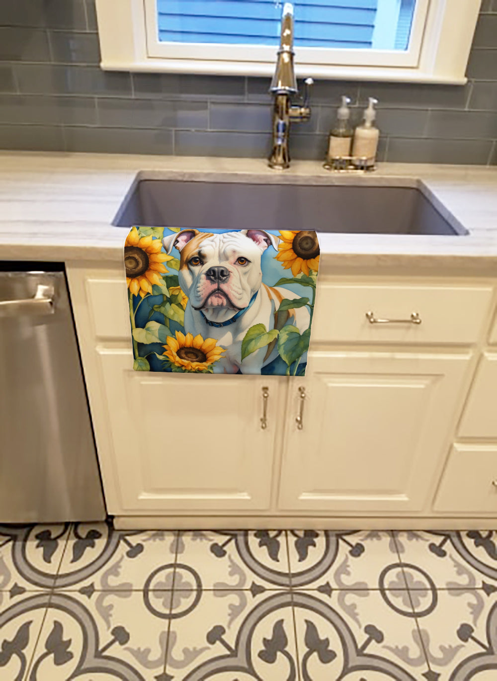 American Bulldog in Sunflowers Kitchen Towel