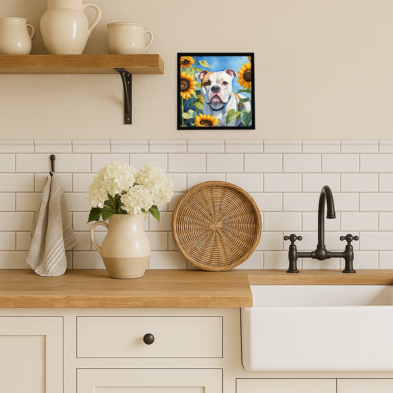 Caroline's Treasures American Bulldog in Sunflowers Framed Metal Print