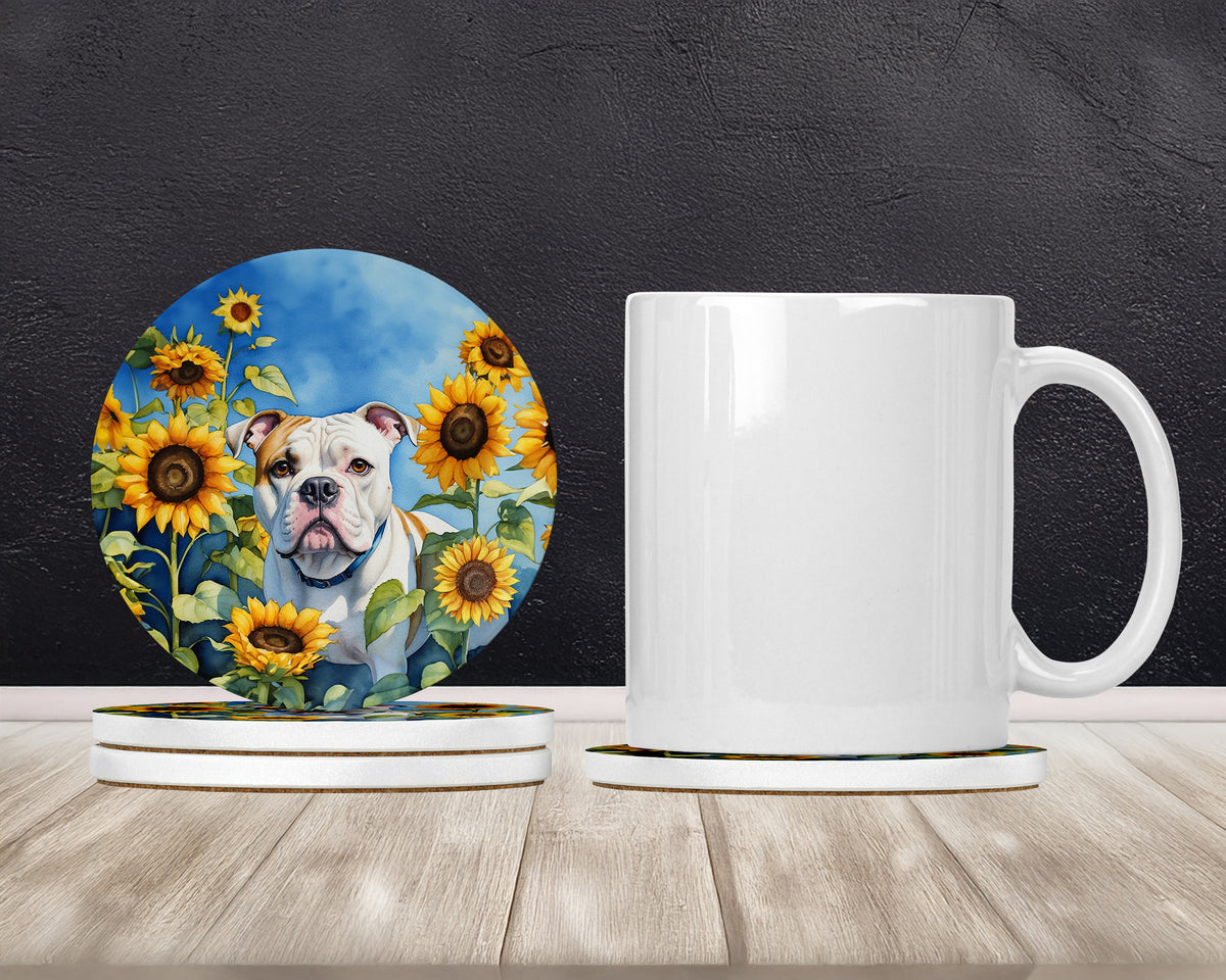 Caroline's Treasures American Bulldog in Sunflowers Large Sandstone Coasters Pack of 4