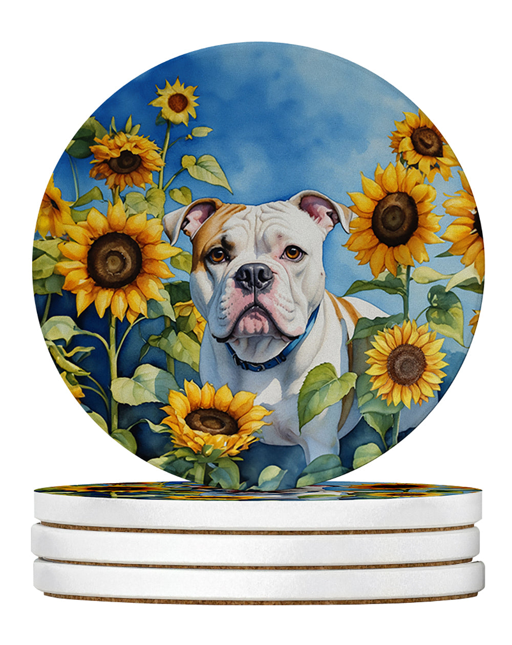 Caroline's Treasures American Bulldog in Sunflowers Large Sandstone Coasters Pack of 4
