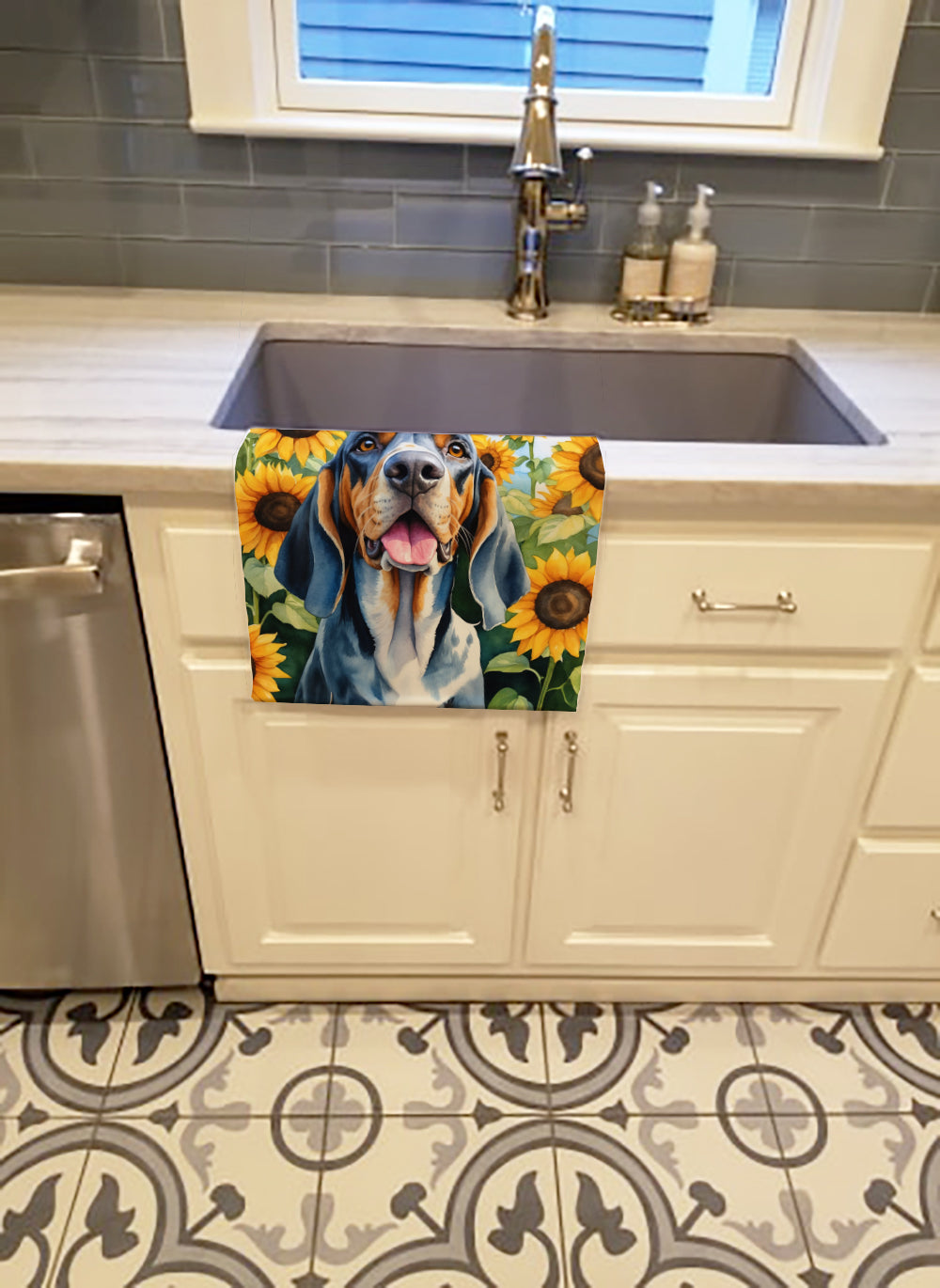American English Coonhound in Sunflowers Kitchen Towel