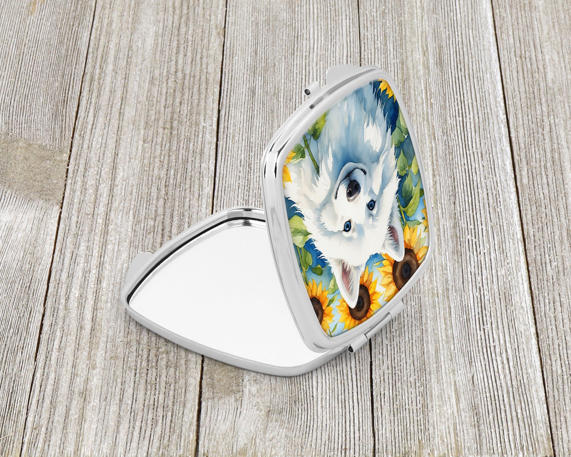 Buy this American Eskimo in Sunflowers Compact Mirror