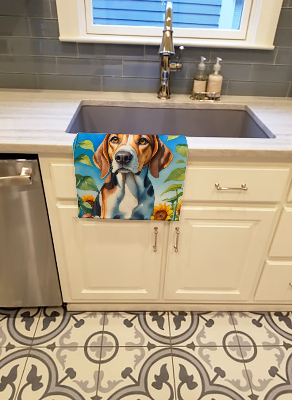 American Foxhound in Sunflowers Kitchen Towel