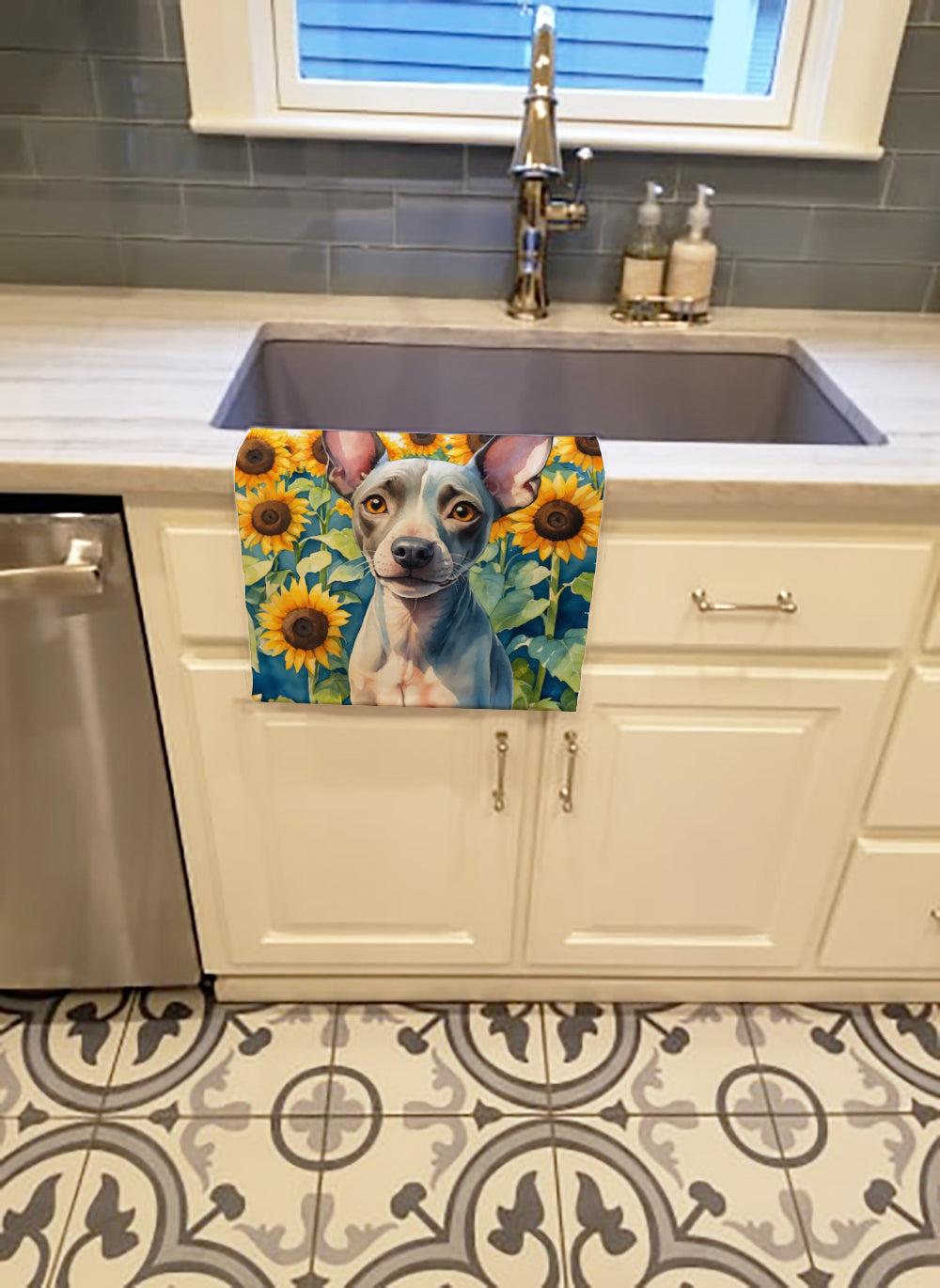 Buy this American Hairless Terrier in Sunflowers Kitchen Towel