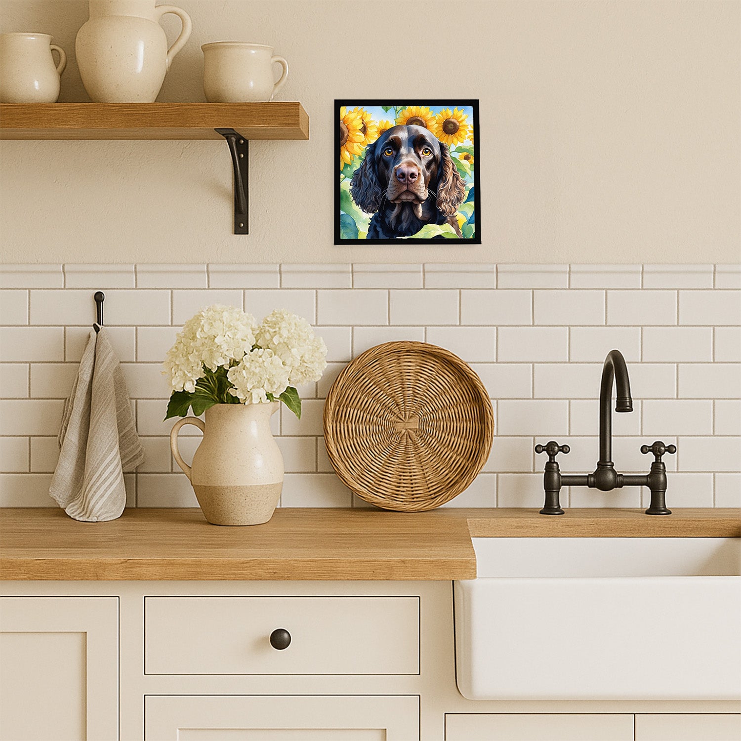 Caroline's Treasures American Water Spaniel in Sunflowers Framed Metal Print