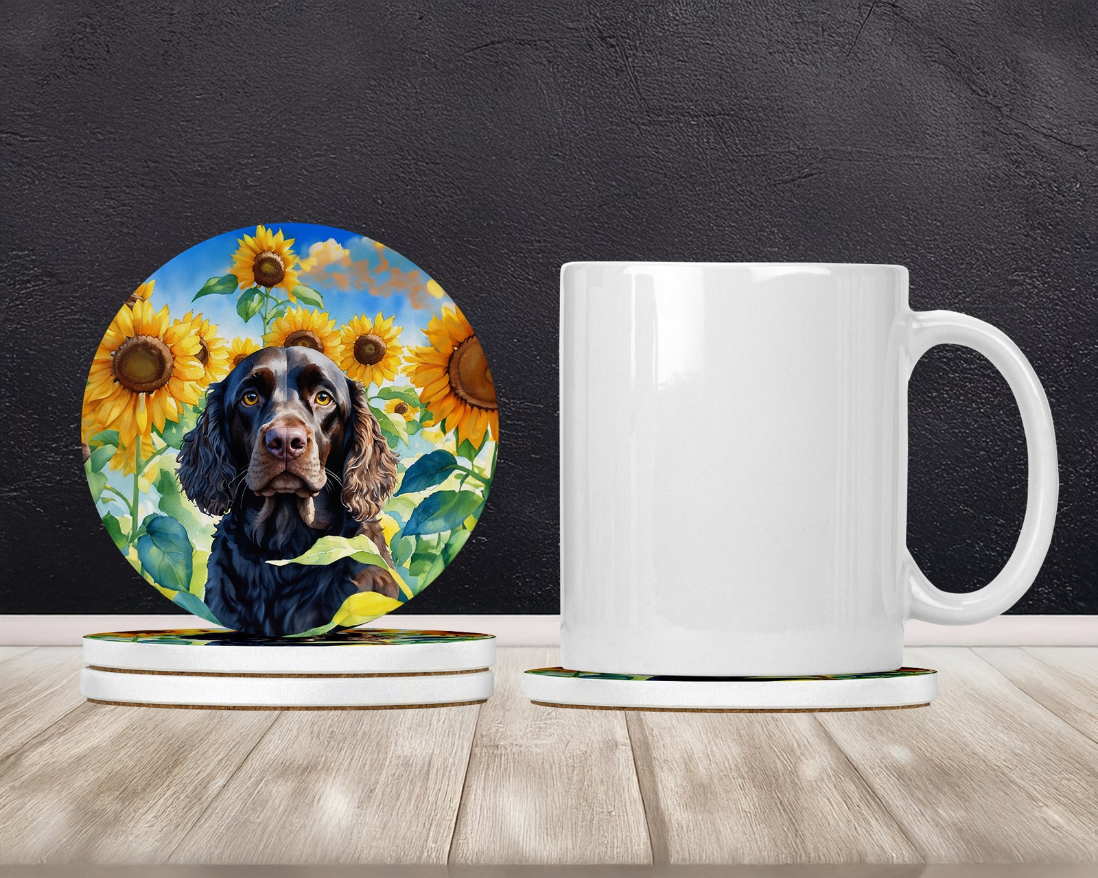 Caroline's Treasures American Water Spaniel in Sunflowers Large Sandstone Coasters Pack of 4